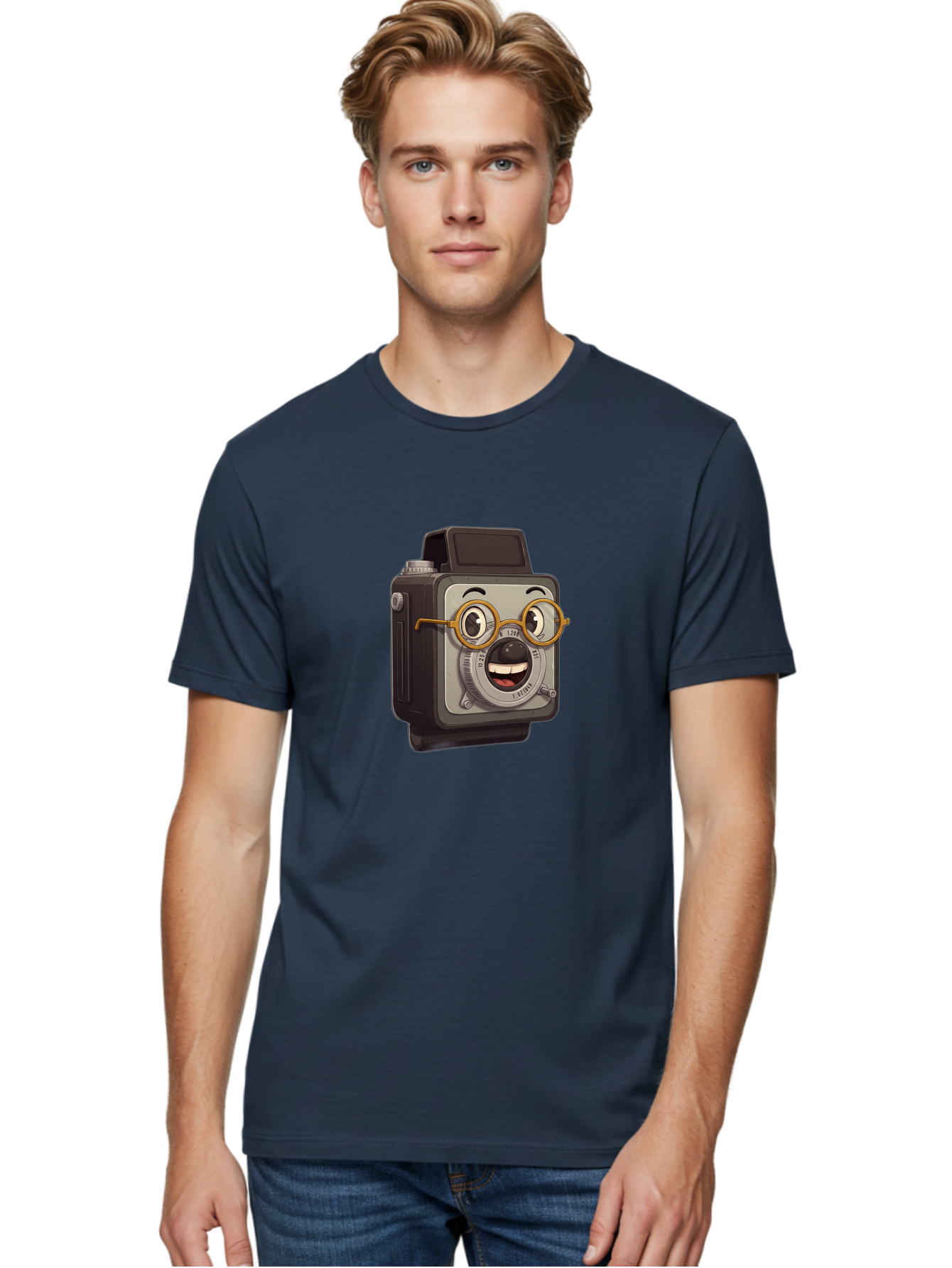 Camera-Character Men'S Graphic Tee, 100% Cotton, Comfortable Casual Summer Wear, Machine Washable, Cartoon Camera, Anthropomorphic Design, Funny Glasses, Goofy Expression, Comedic Character, Playful Illustration, Quirky Personality, Bae371 23