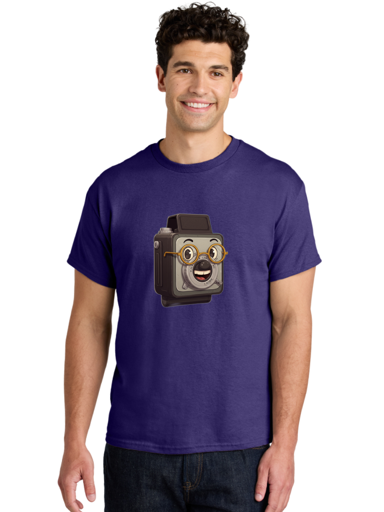 Camera-Character Men'S Graphic Tee, 100% Cotton, Comfortable Casual Summer Wear, Machine Washable, Cartoon Camera, Anthropomorphic Design, Funny Glasses, Goofy Expression, Comedic Character, Playful Illustration, Quirky Personality, Bae371 19