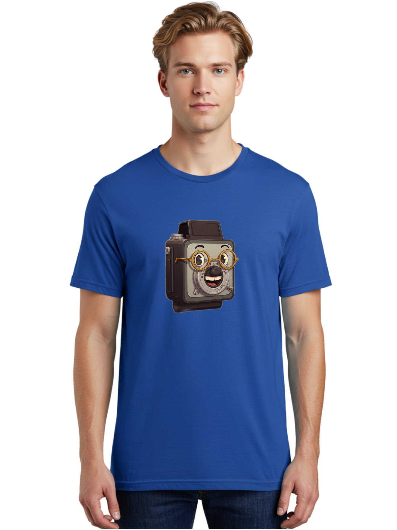Camera-Character Men'S Graphic Tee, 100% Cotton, Comfortable Casual Summer Wear, Machine Washable, Cartoon Camera, Anthropomorphic Design, Funny Glasses, Goofy Expression, Comedic Character, Playful Illustration, Quirky Personality, Bae371 27