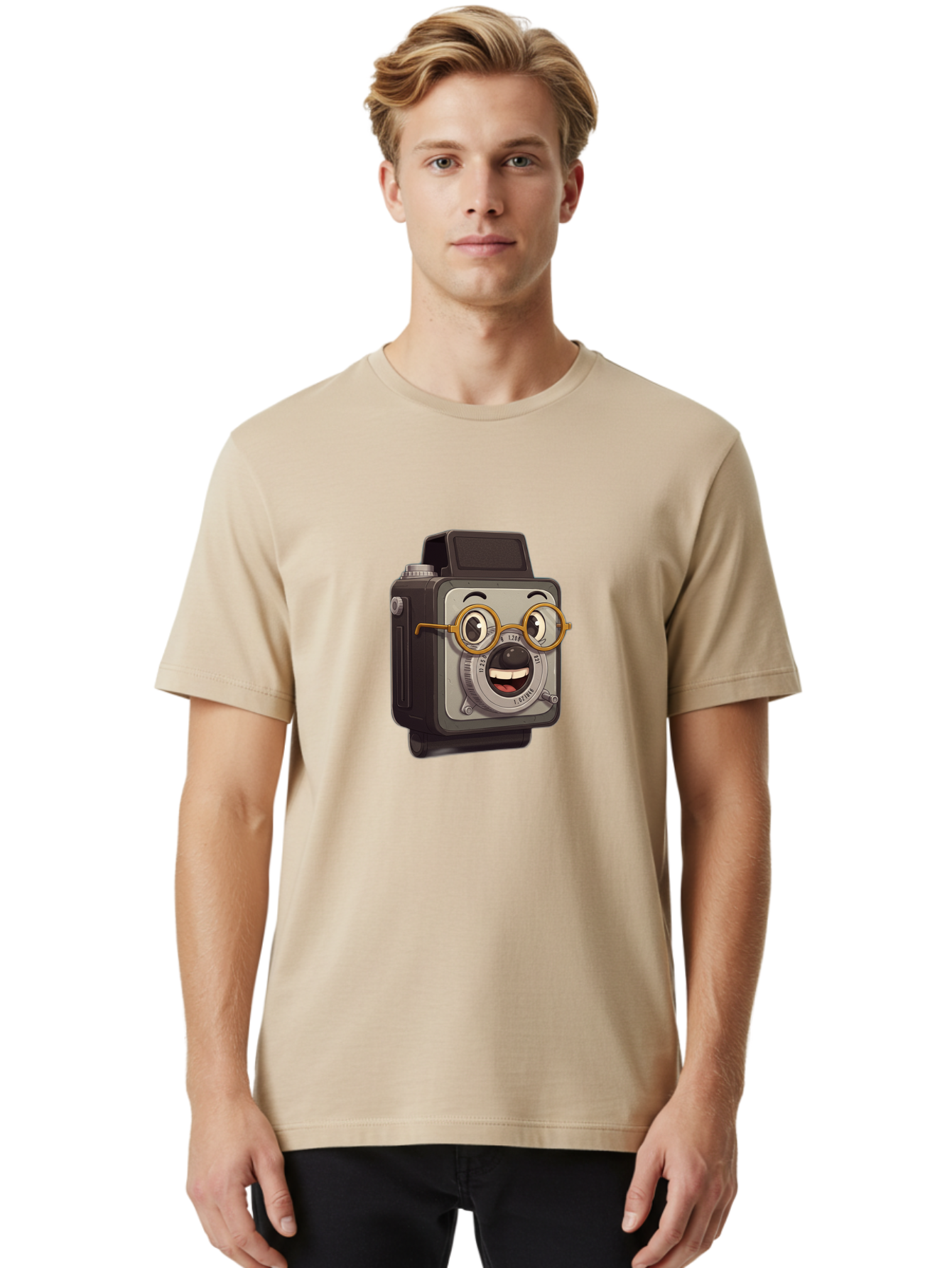 Camera-Character Men'S Graphic Tee, 100% Cotton, Comfortable Casual Summer Wear, Machine Washable, Cartoon Camera, Anthropomorphic Design, Funny Glasses, Goofy Expression, Comedic Character, Playful Illustration, Quirky Personality, Bae371 18