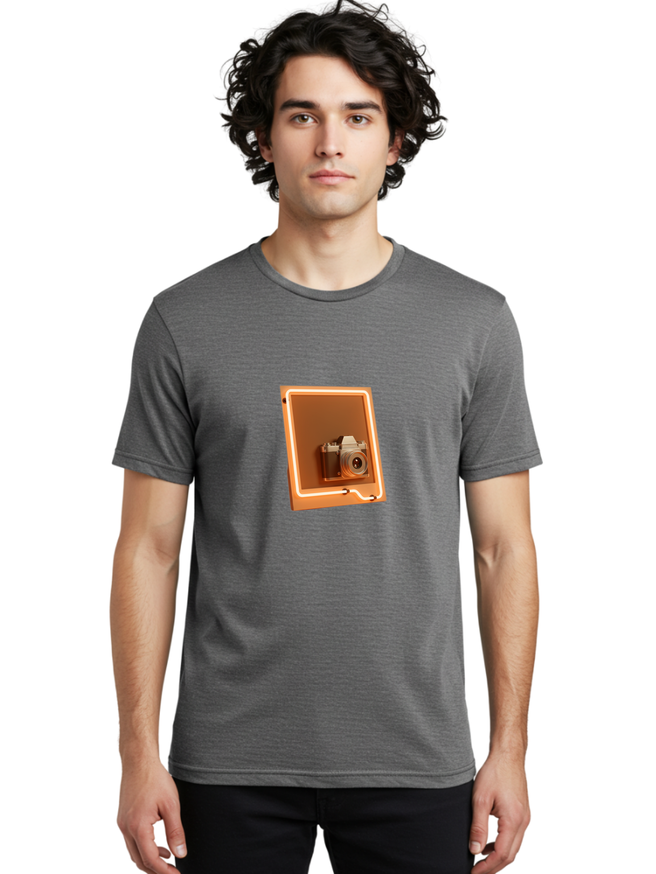Camera-On-Tablet Men'S Graphic Tee, 100% Cotton, Comfortable Casual Summer Wear, Machine Washable, Digital Camera On Screen, Neon Light, Orange Glow, Camera Lens, Modern Technology, Photography, Digital Display, Futuristic Design Bae372 29