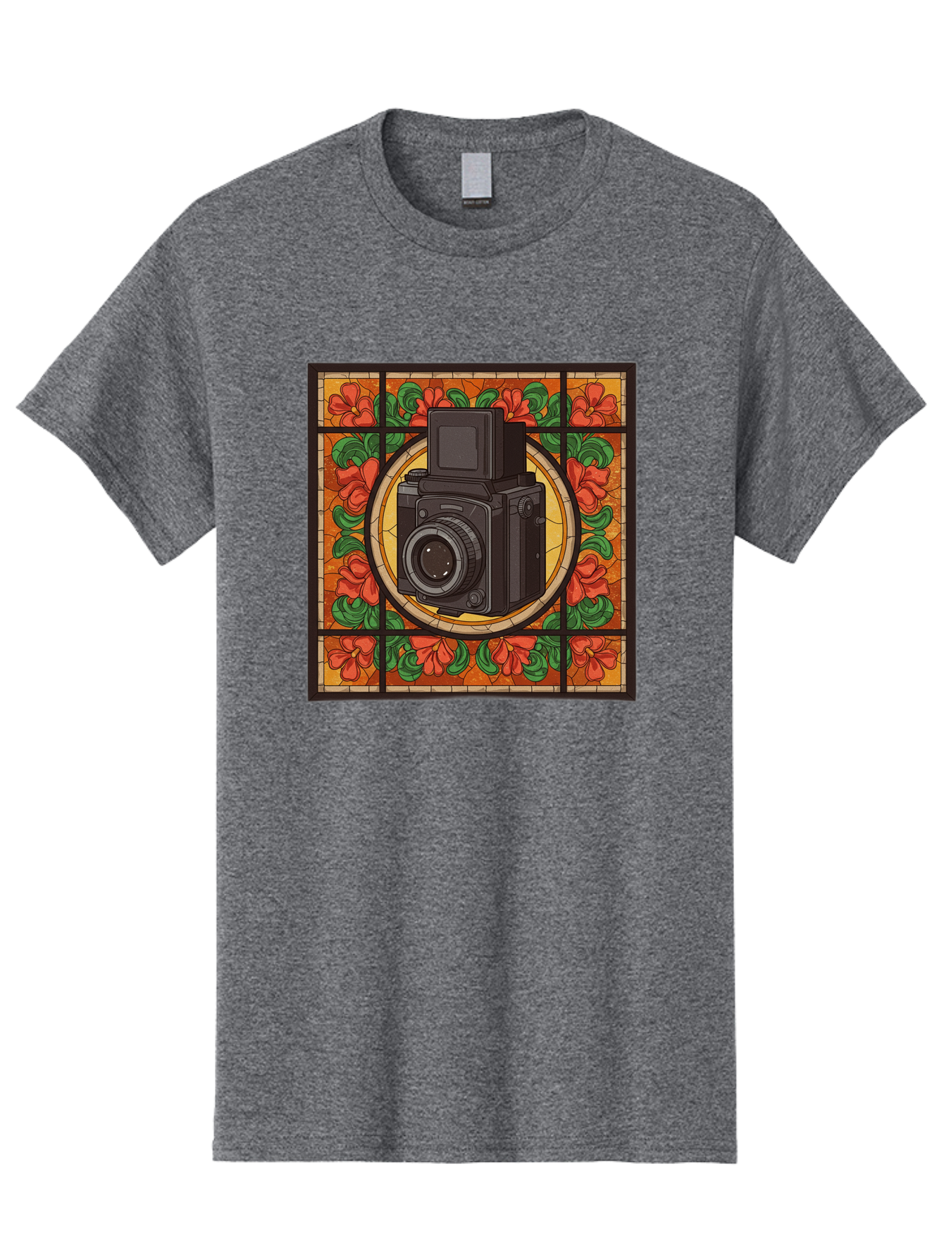 Camera-Stained-Glass Men'S Graphic Tee, 100% Cotton, Comfortable Casual Summer Wear, Machine Washable, Stained Glass Art, Vintage Camera, Floral Pattern, Red Flowers, Green Leaves, Yellow Background, Classic Design, Photography Theme, Bae373 6