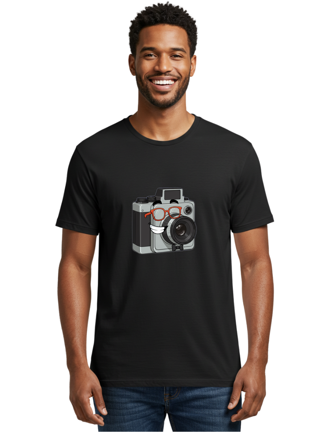 Camera-With-Glasses Men'S Graphic Tee, 100% Cotton, Comfortable Casual Summer Wear, Machine Washable, Cartoon Camera, Vintage Photography, Glasses And Bow Tie, Retro Style, Digital Art, Funny Characters, Creative Concepts, Artistic Expression, Bae376 26