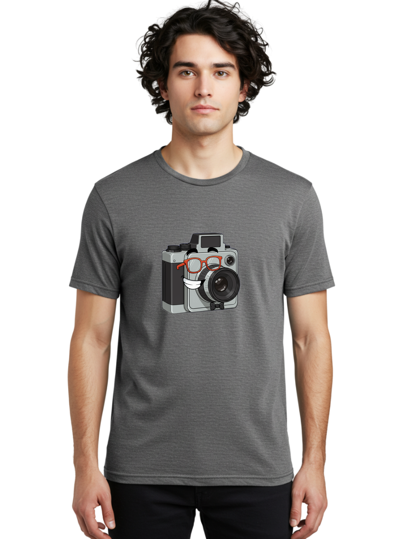 Camera-With-Glasses Men'S Graphic Tee, 100% Cotton, Comfortable Casual Summer Wear, Machine Washable, Cartoon Camera, Vintage Photography, Glasses And Bow Tie, Retro Style, Digital Art, Funny Characters, Creative Concepts, Artistic Expression, Bae376 23