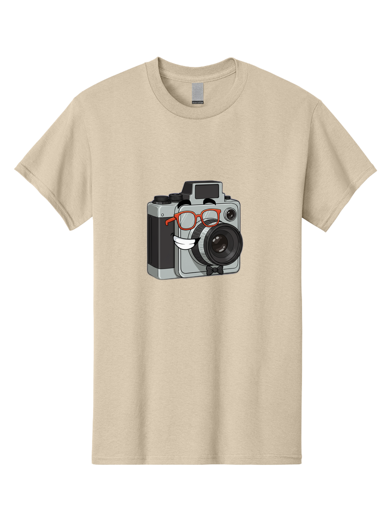Camera-With-Glasses Men'S Graphic Tee, 100% Cotton, Comfortable Casual Summer Wear, Machine Washable, Cartoon Camera, Vintage Photography, Glasses And Bow Tie, Retro Style, Digital Art, Funny Characters, Creative Concepts, Artistic Expression, Bae376 2