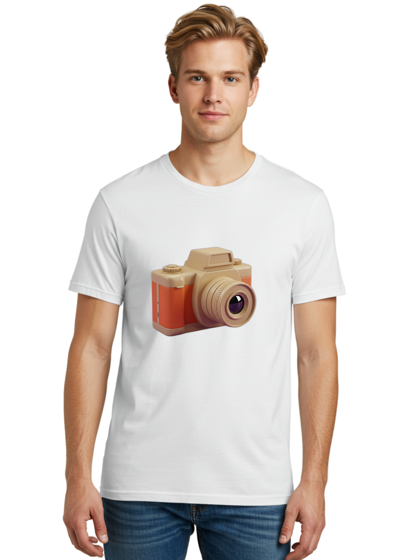 Camera Men'S Graphic Tee, 100% Cotton, Comfortable Casual Summer Wear, Machine Washable, Digital Camera, Photography Equipment, Camera Lens, Vintage Camera, Retro Style, Orange And Beige Colors, 3D Illustration, Camera Design, Photography Gear Bae383 25