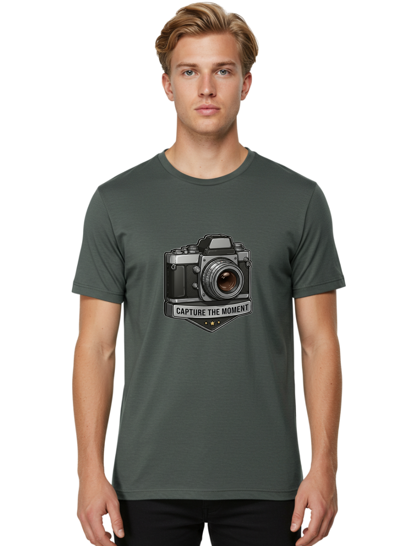 Capture-The-Moment Men'S Graphic Tee, 100% Cotton, Comfortable Casual Summer Wear, Machine Washable, Vintage Camera, Photography Equipment, Capture The Moment, Three Stars, Classic Design, Retro Style, Photography Inspiration, Camera Logo, Bae385 30