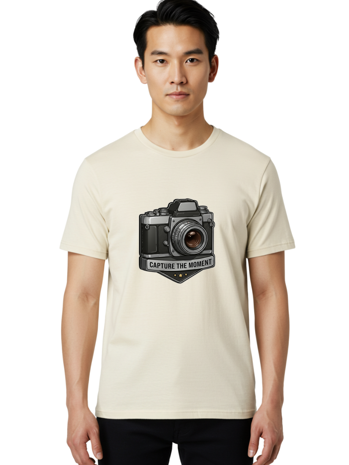 Capture-The-Moment Men'S Graphic Tee, 100% Cotton, Comfortable Casual Summer Wear, Machine Washable, Vintage Camera, Photography Equipment, Capture The Moment, Three Stars, Classic Design, Retro Style, Photography Inspiration, Camera Logo, Bae385 25
