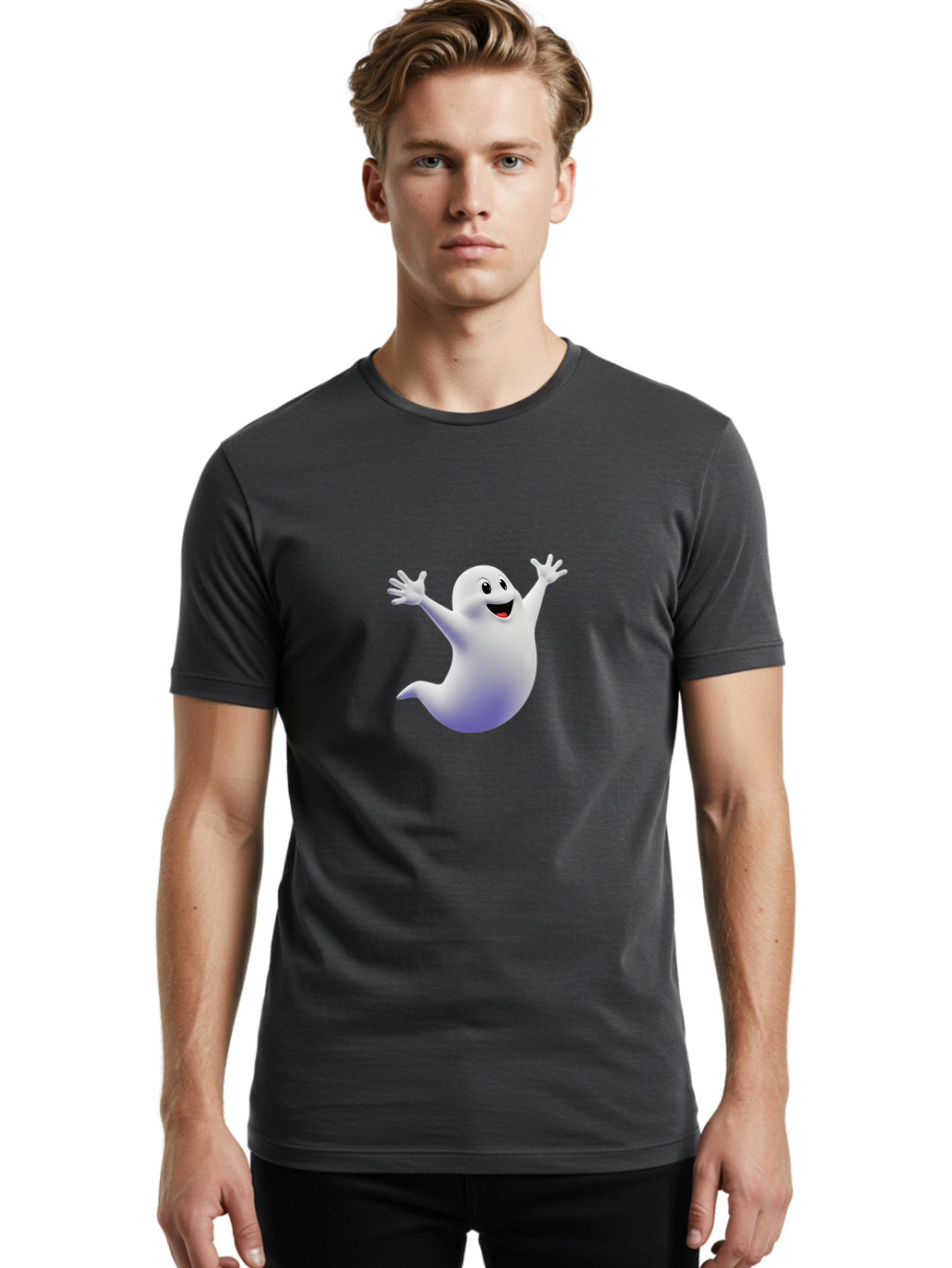Cartoon-Ghost Men'S Graphic Tee, 100% Cotton, Comfortable Casual Summer Wear, Machine Washable, White Ghost, Cartoon Character, Friendly Spirit, Happy Expression, Halloween Theme, Digital Illustration, 3D Rendering, Playful Design Bae392 17