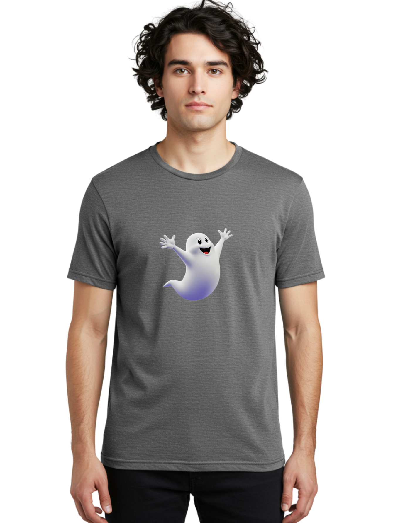 Cartoon-Ghost Men'S Graphic Tee, 100% Cotton, Comfortable Casual Summer Wear, Machine Washable, White Ghost, Cartoon Character, Friendly Spirit, Happy Expression, Halloween Theme, Digital Illustration, 3D Rendering, Playful Design Bae392 23