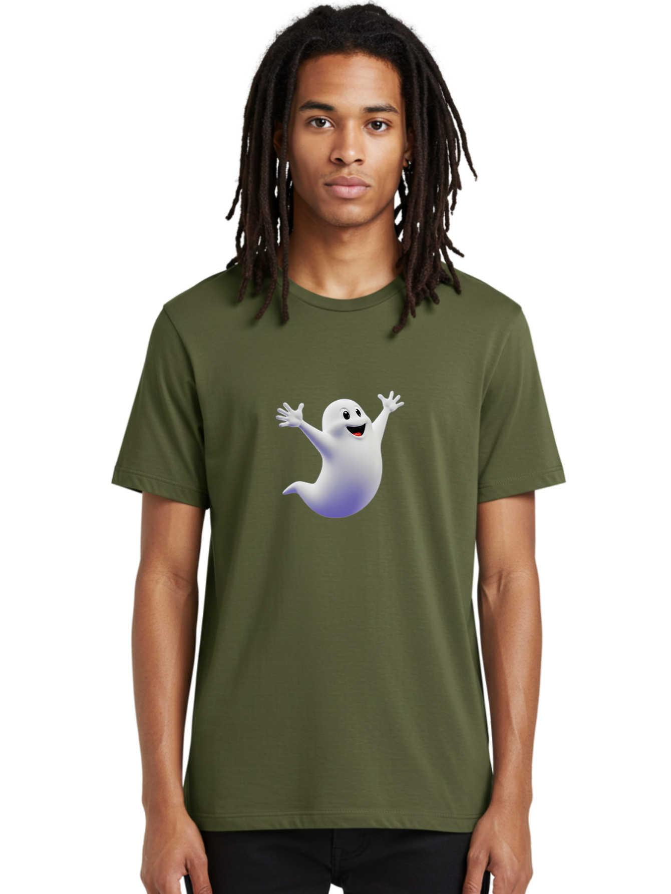 Cartoon-Ghost Men'S Graphic Tee, 100% Cotton, Comfortable Casual Summer Wear, Machine Washable, White Ghost, Cartoon Character, Friendly Spirit, Happy Expression, Halloween Theme, Digital Illustration, 3D Rendering, Playful Design Bae392 24
