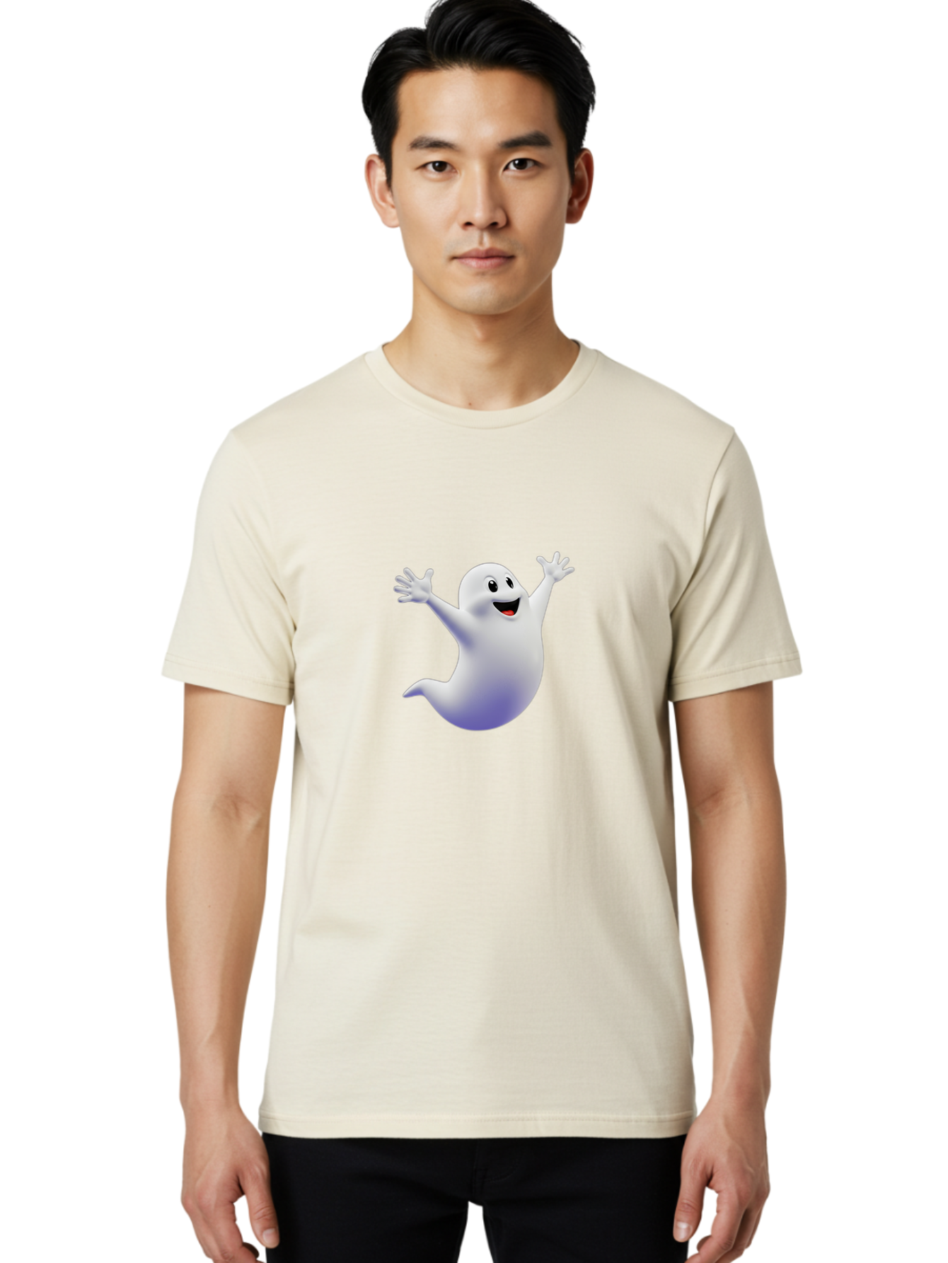 Cartoon-Ghost Men'S Graphic Tee, 100% Cotton, Comfortable Casual Summer Wear, Machine Washable, White Ghost, Cartoon Character, Friendly Spirit, Happy Expression, Halloween Theme, Digital Illustration, 3D Rendering, Playful Design Bae392 25