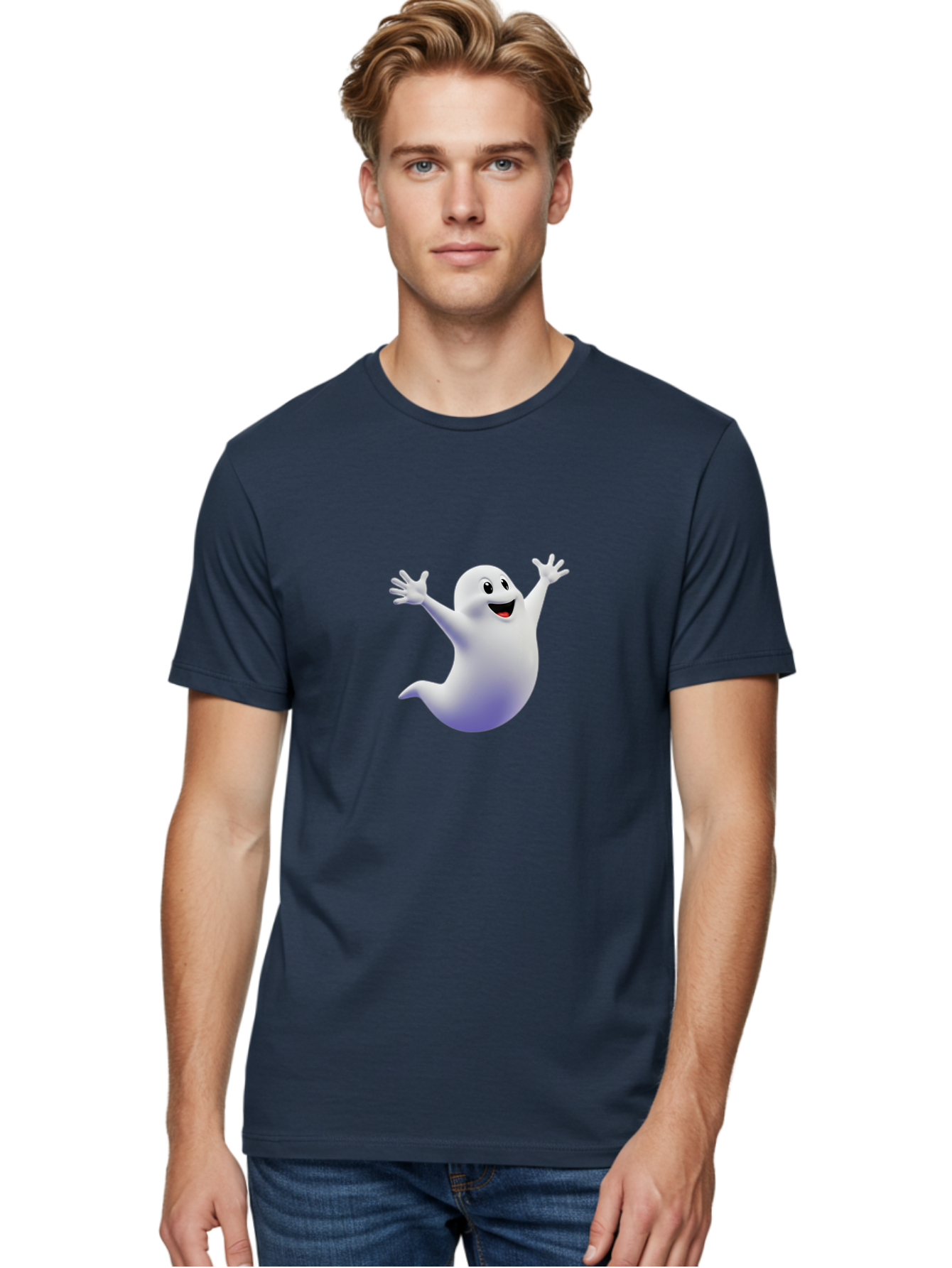 Cartoon-Ghost Men'S Graphic Tee, 100% Cotton, Comfortable Casual Summer Wear, Machine Washable, White Ghost, Cartoon Character, Friendly Spirit, Happy Expression, Halloween Theme, Digital Illustration, 3D Rendering, Playful Design Bae392 22