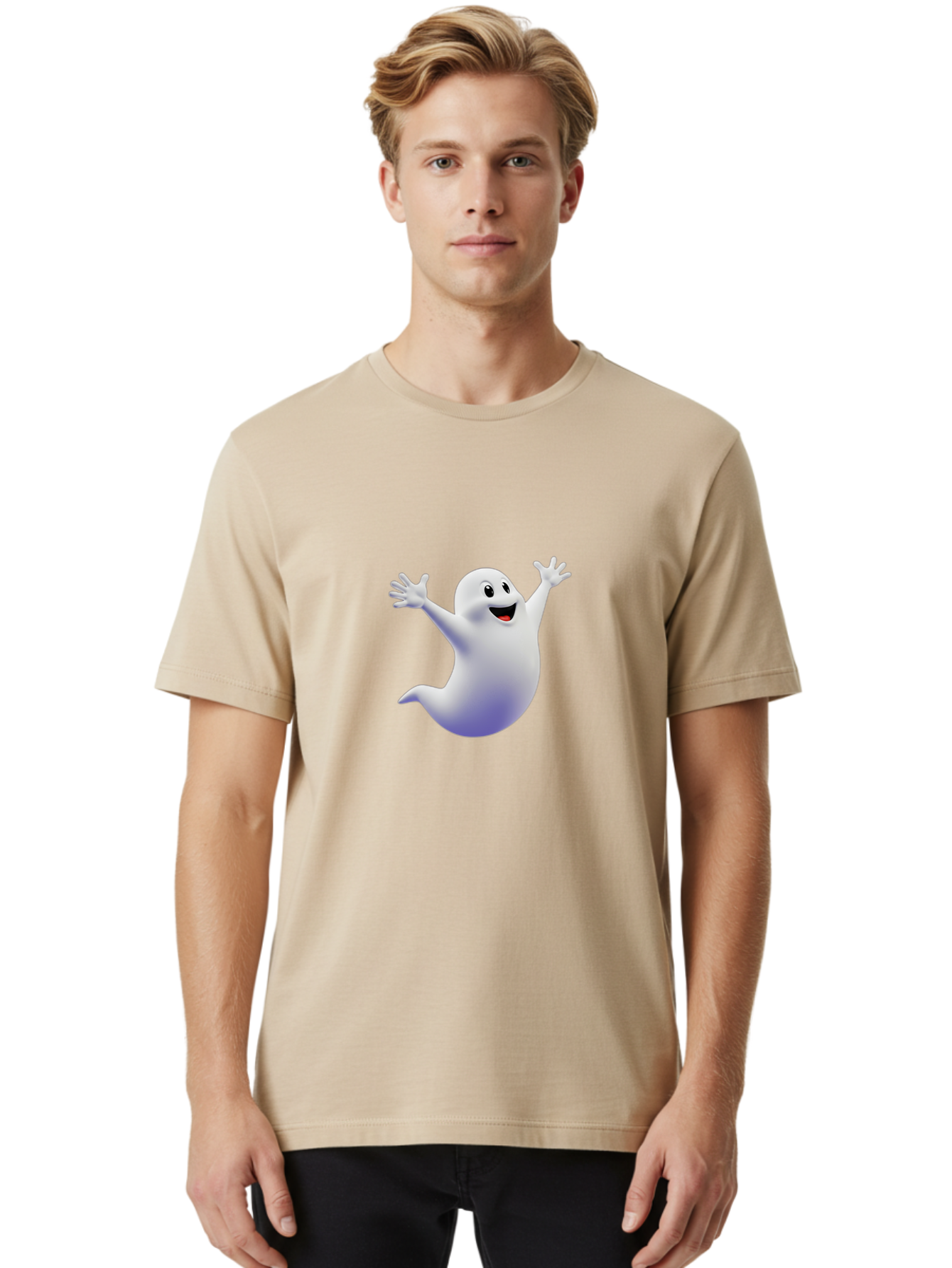 Cartoon-Ghost Men'S Graphic Tee, 100% Cotton, Comfortable Casual Summer Wear, Machine Washable, White Ghost, Cartoon Character, Friendly Spirit, Happy Expression, Halloween Theme, Digital Illustration, 3D Rendering, Playful Design Bae392 29