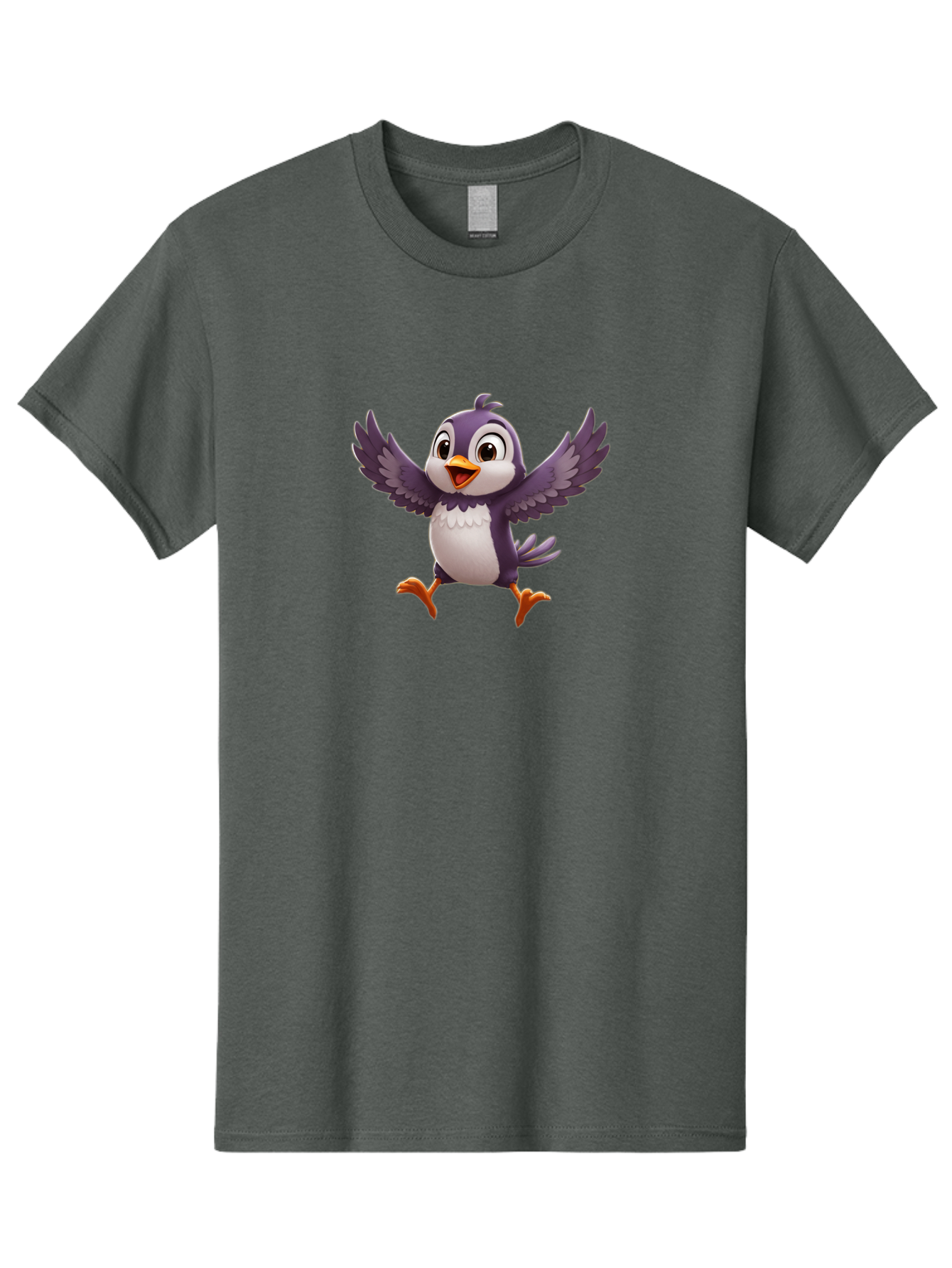 Cartoon-Penguin Men'S Graphic Tee, 100% Cotton, Comfortable Casual Summer Wear, Machine Washable, Cartoon Penguin, Animated Character, Playful Bird, Cute Creature, Purple And White Feathers, Orange Beak And Feet, Flying Penguin, Bae393 5