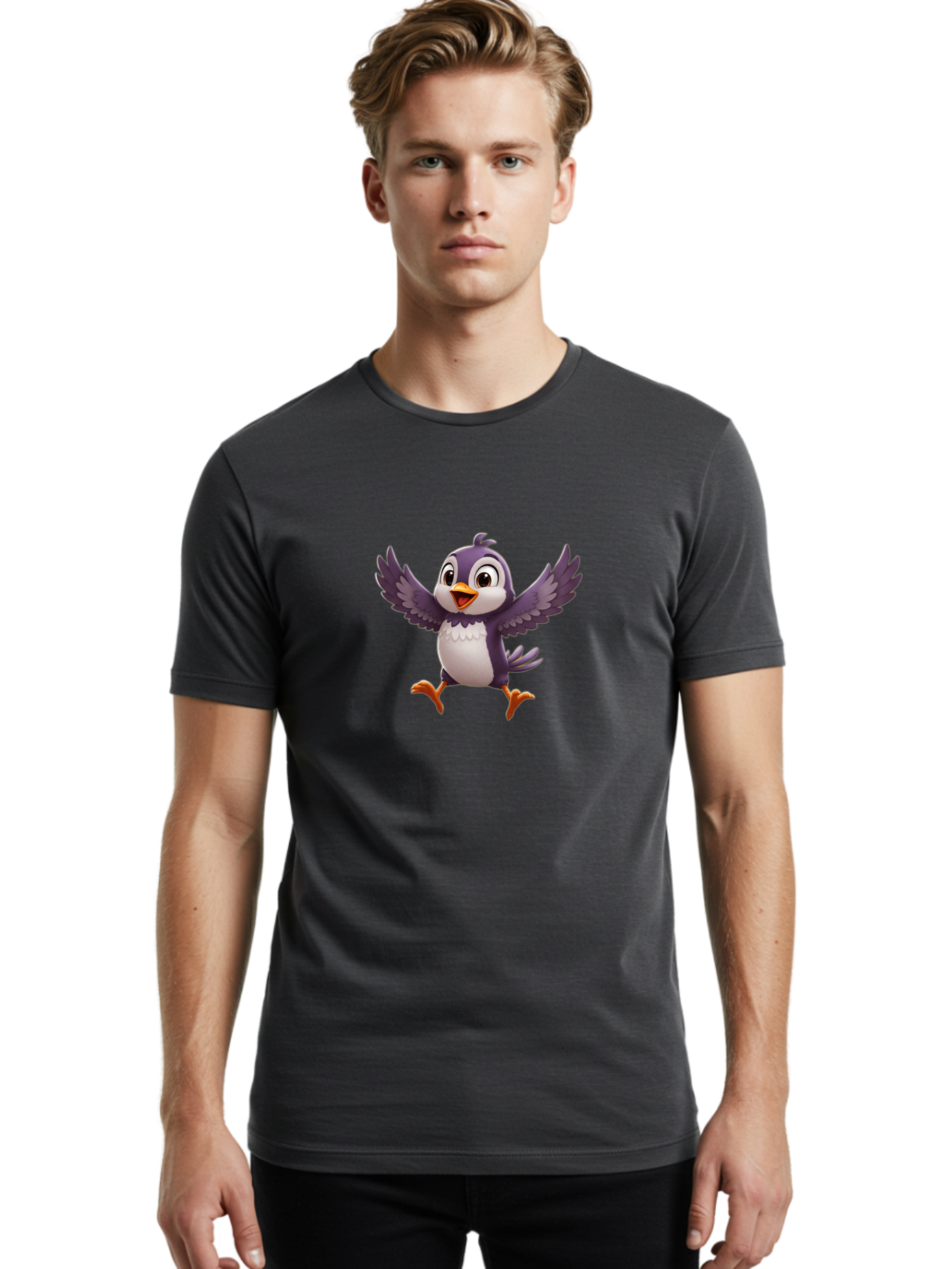 Cartoon-Penguin Men'S Graphic Tee, 100% Cotton, Comfortable Casual Summer Wear, Machine Washable, Cartoon Penguin, Animated Character, Playful Bird, Cute Creature, Purple And White Feathers, Orange Beak And Feet, Flying Penguin, Bae393 19