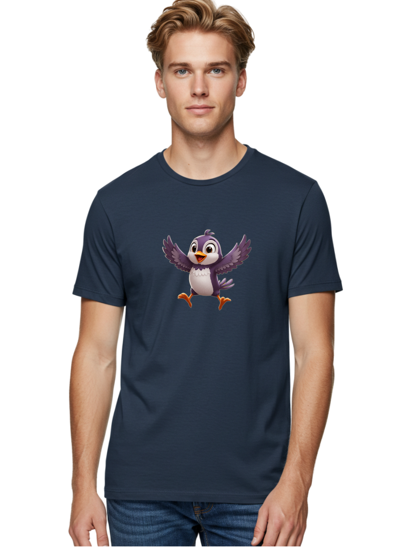 Cartoon-Penguin Men'S Graphic Tee, 100% Cotton, Comfortable Casual Summer Wear, Machine Washable, Cartoon Penguin, Animated Character, Playful Bird, Cute Creature, Purple And White Feathers, Orange Beak And Feet, Flying Penguin, Bae393 24