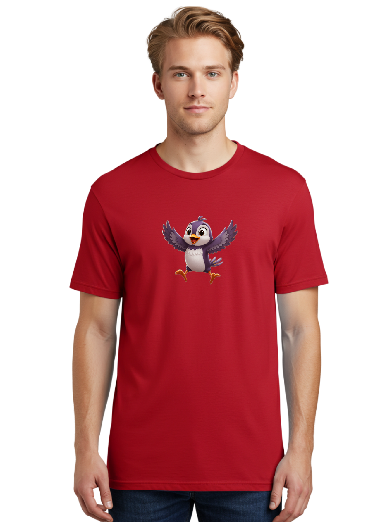 Cartoon-Penguin Men'S Graphic Tee, 100% Cotton, Comfortable Casual Summer Wear, Machine Washable, Cartoon Penguin, Animated Character, Playful Bird, Cute Creature, Purple And White Feathers, Orange Beak And Feet, Flying Penguin, Bae393 16