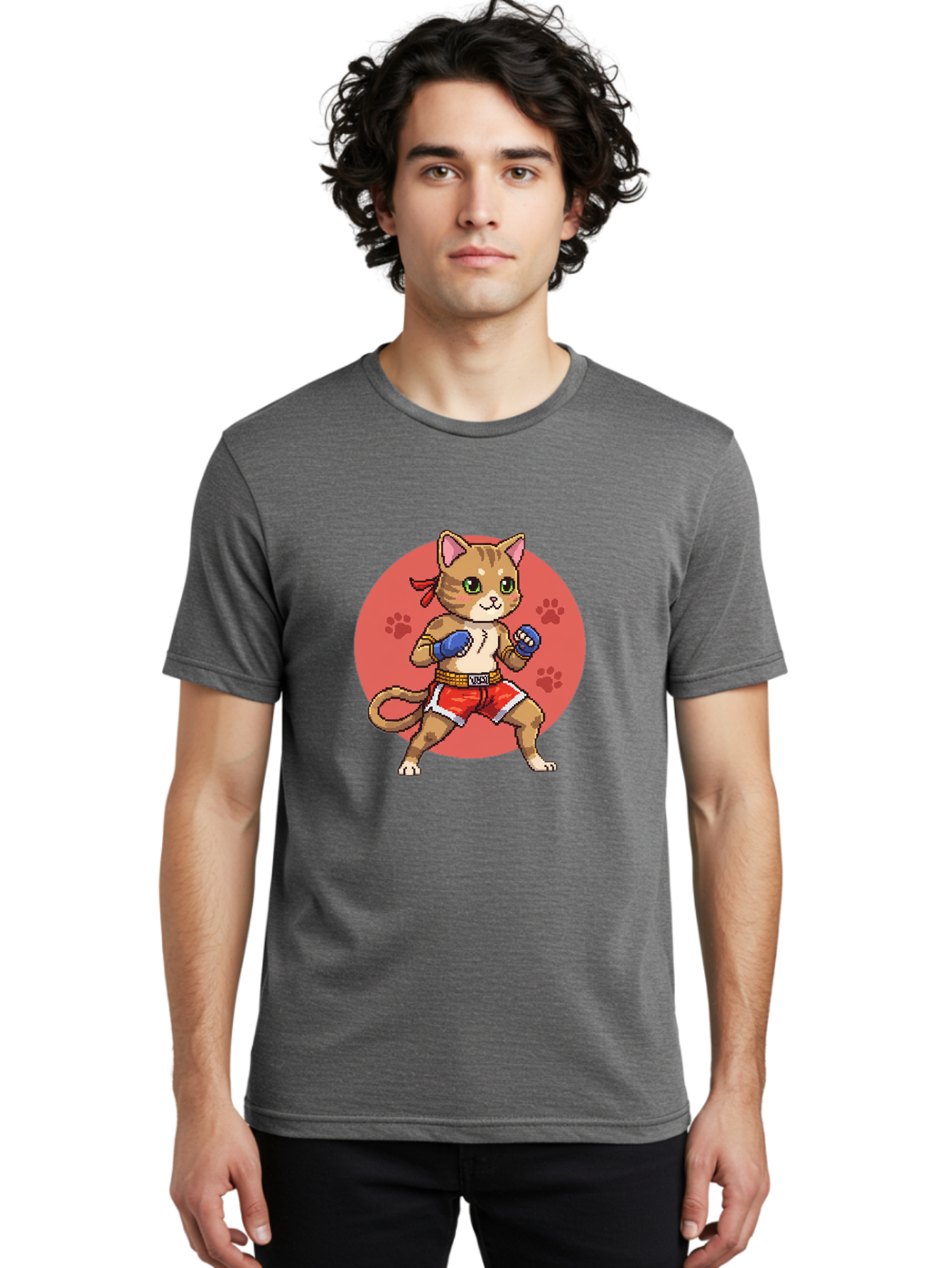 Cat-Boxer Men'S Graphic Tee, 100% Cotton, Comfortable Casual Summer Wear, Machine Washable, Cartoon Cat In Boxing Gloves, Muay Thai Fighter, Kawaii Kitty, Fighting Stance, Red Shorts, Blue Gloves, Playful Illustration, Cute Kitten Bae397 17