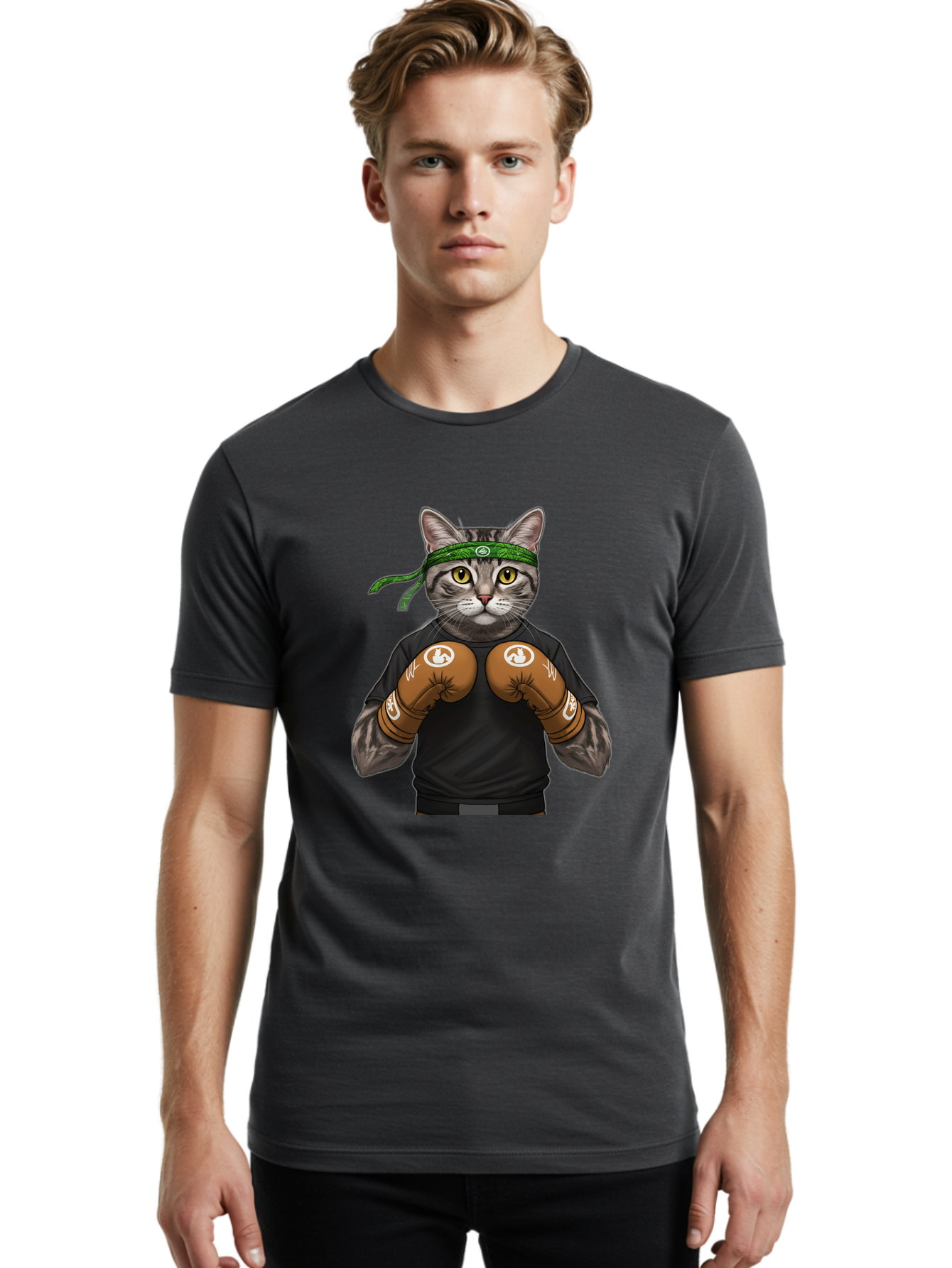 Cat-In-Boxing-Gloves Men'S Graphic Tee, 100% Cotton, Comfortable Casual Summer Wear, Machine Washable, Gray Tabby Cat, Boxing Gloves, Martial Arts Headband, Ninja Cat, Cool Cat, Funny Cat, Boxing Cat, Warrior Cat, Humorous Illustration, Bae399 27