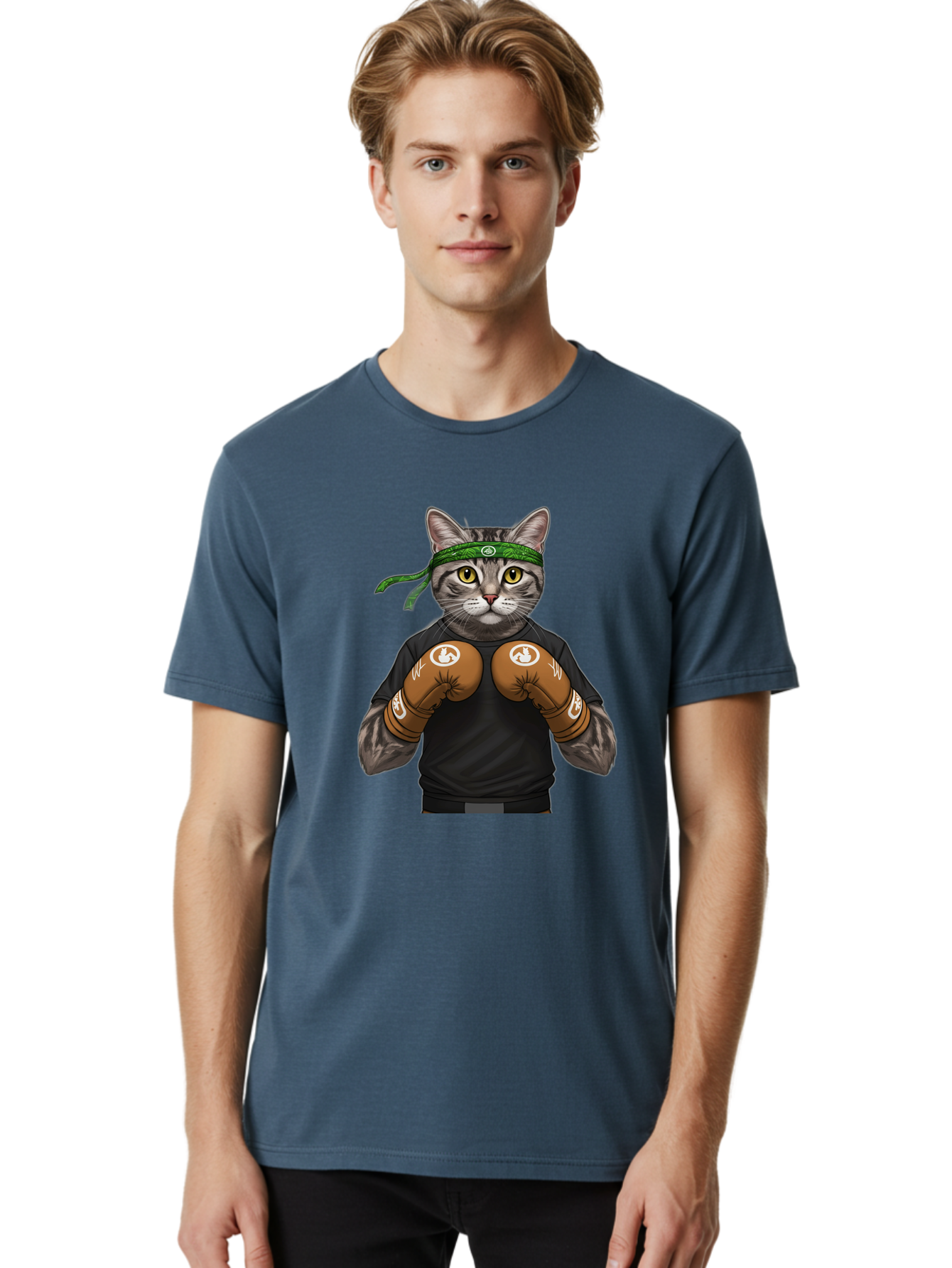 Cat-In-Boxing-Gloves Men'S Graphic Tee, 100% Cotton, Comfortable Casual Summer Wear, Machine Washable, Gray Tabby Cat, Boxing Gloves, Martial Arts Headband, Ninja Cat, Cool Cat, Funny Cat, Boxing Cat, Warrior Cat, Humorous Illustration, Bae399 16