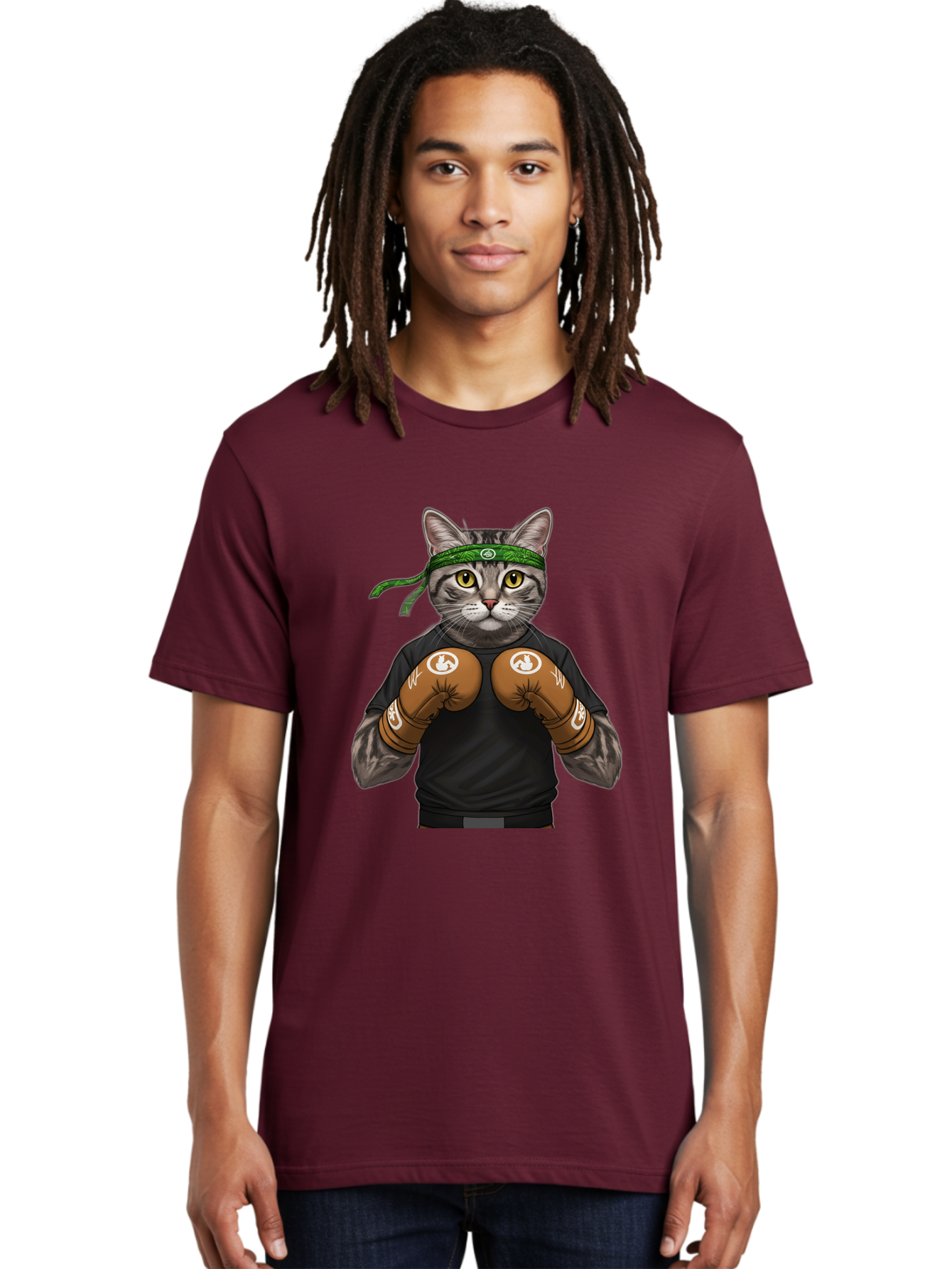 Cat-In-Boxing-Gloves Men'S Graphic Tee, 100% Cotton, Comfortable Casual Summer Wear, Machine Washable, Gray Tabby Cat, Boxing Gloves, Martial Arts Headband, Ninja Cat, Cool Cat, Funny Cat, Boxing Cat, Warrior Cat, Humorous Illustration, Bae399 24
