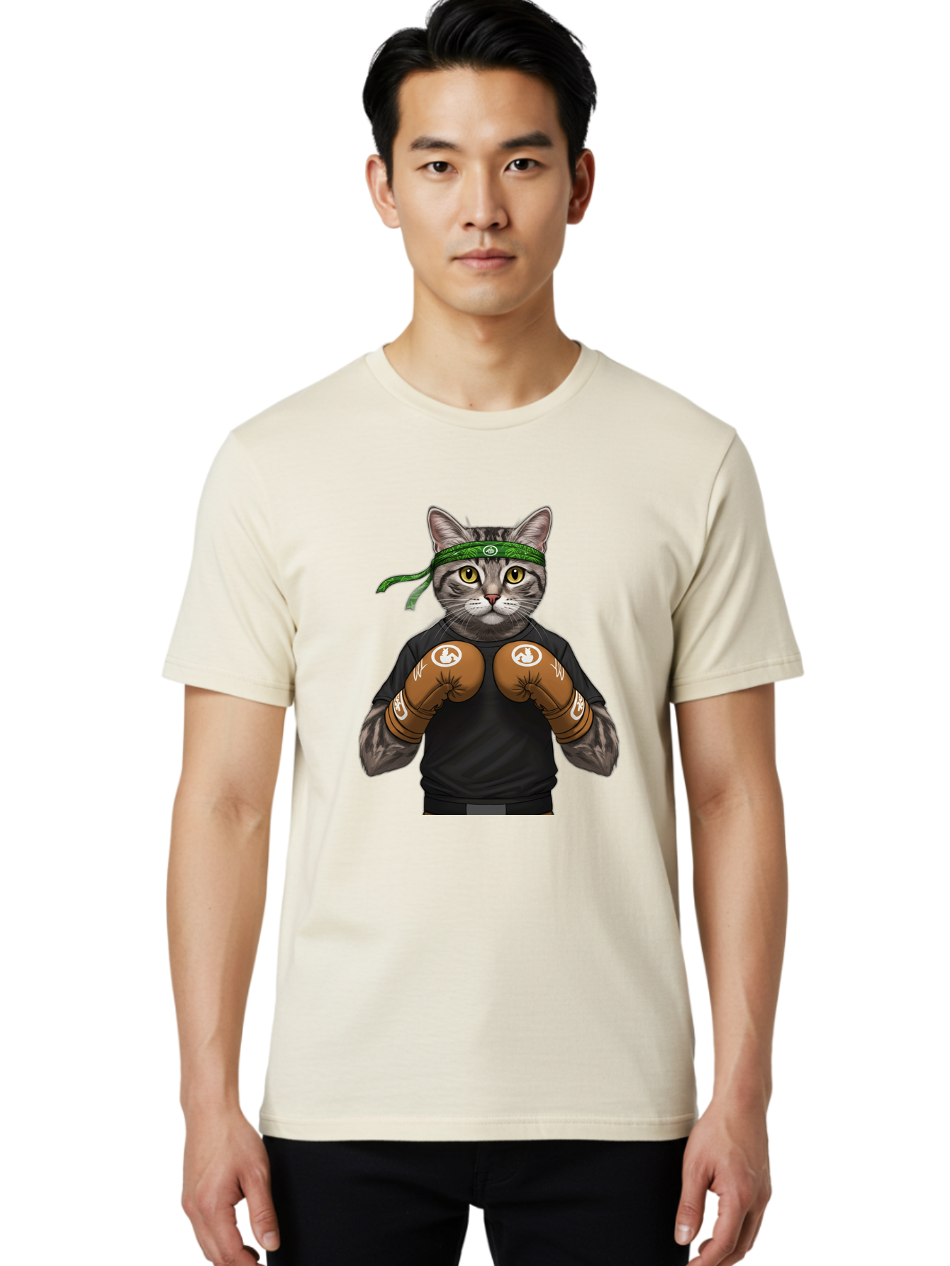 Cat-In-Boxing-Gloves Men'S Graphic Tee, 100% Cotton, Comfortable Casual Summer Wear, Machine Washable, Gray Tabby Cat, Boxing Gloves, Martial Arts Headband, Ninja Cat, Cool Cat, Funny Cat, Boxing Cat, Warrior Cat, Humorous Illustration, Bae399 17
