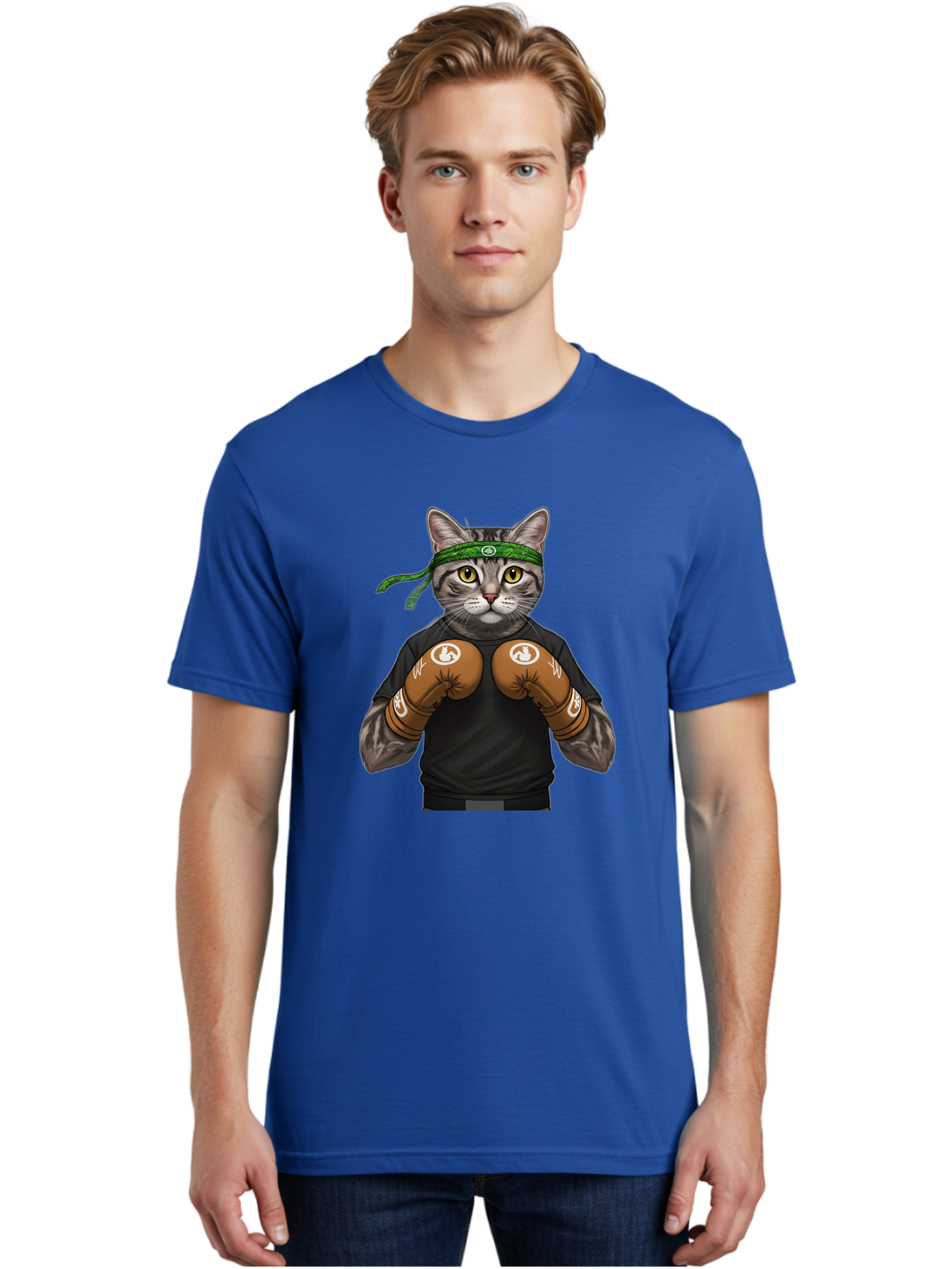 Cat-In-Boxing-Gloves Men'S Graphic Tee, 100% Cotton, Comfortable Casual Summer Wear, Machine Washable, Gray Tabby Cat, Boxing Gloves, Martial Arts Headband, Ninja Cat, Cool Cat, Funny Cat, Boxing Cat, Warrior Cat, Humorous Illustration, Bae399 25