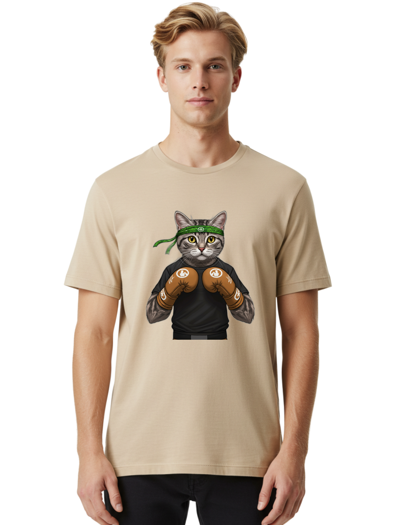 Cat-In-Boxing-Gloves Men'S Graphic Tee, 100% Cotton, Comfortable Casual Summer Wear, Machine Washable, Gray Tabby Cat, Boxing Gloves, Martial Arts Headband, Ninja Cat, Cool Cat, Funny Cat, Boxing Cat, Warrior Cat, Humorous Illustration, Bae399 29