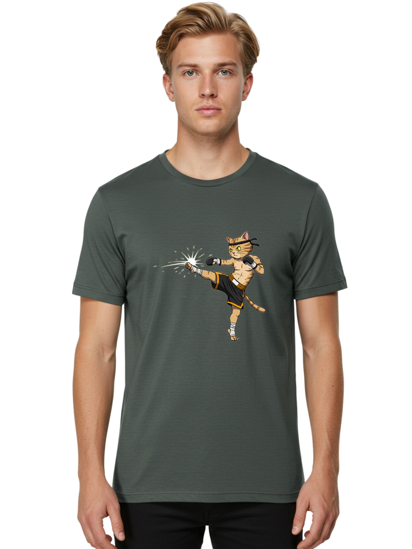 Cat-Kick Men'S Graphic Tee, 100% Cotton, Comfortable Casual Summer Wear, Machine Washable, Cartoon Cat, Muay Thai Fighter, Martial Arts, Kicking, Boxing Gloves, Dynamic Pose, Playful Humor, Animal Athlete, Energetic Motion, Fun Design Bae400 27