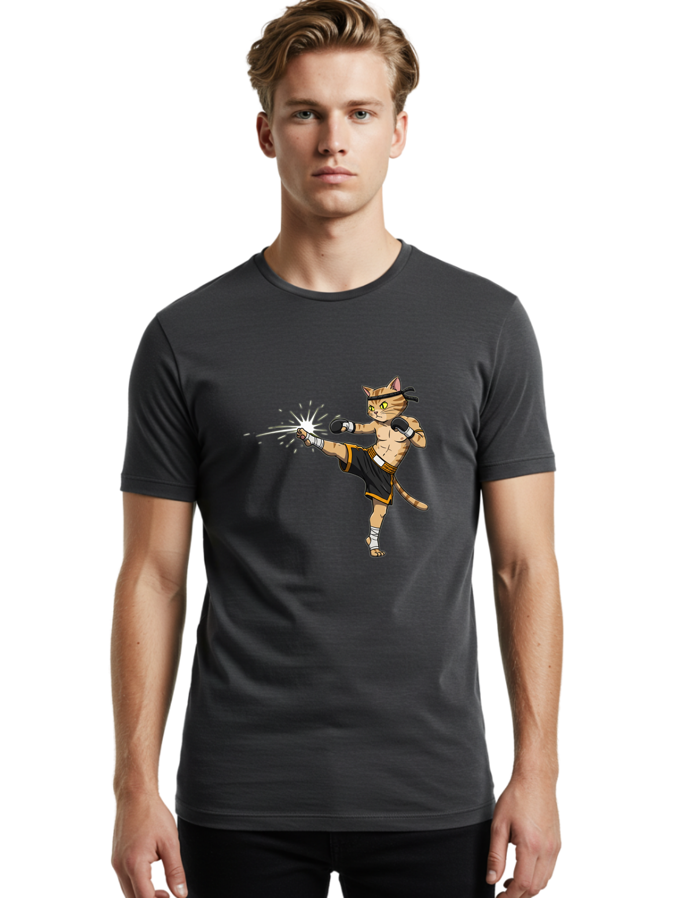 Cat-Kick Men'S Graphic Tee, 100% Cotton, Comfortable Casual Summer Wear, Machine Washable, Cartoon Cat, Muay Thai Fighter, Martial Arts, Kicking, Boxing Gloves, Dynamic Pose, Playful Humor, Animal Athlete, Energetic Motion, Fun Design Bae400 18