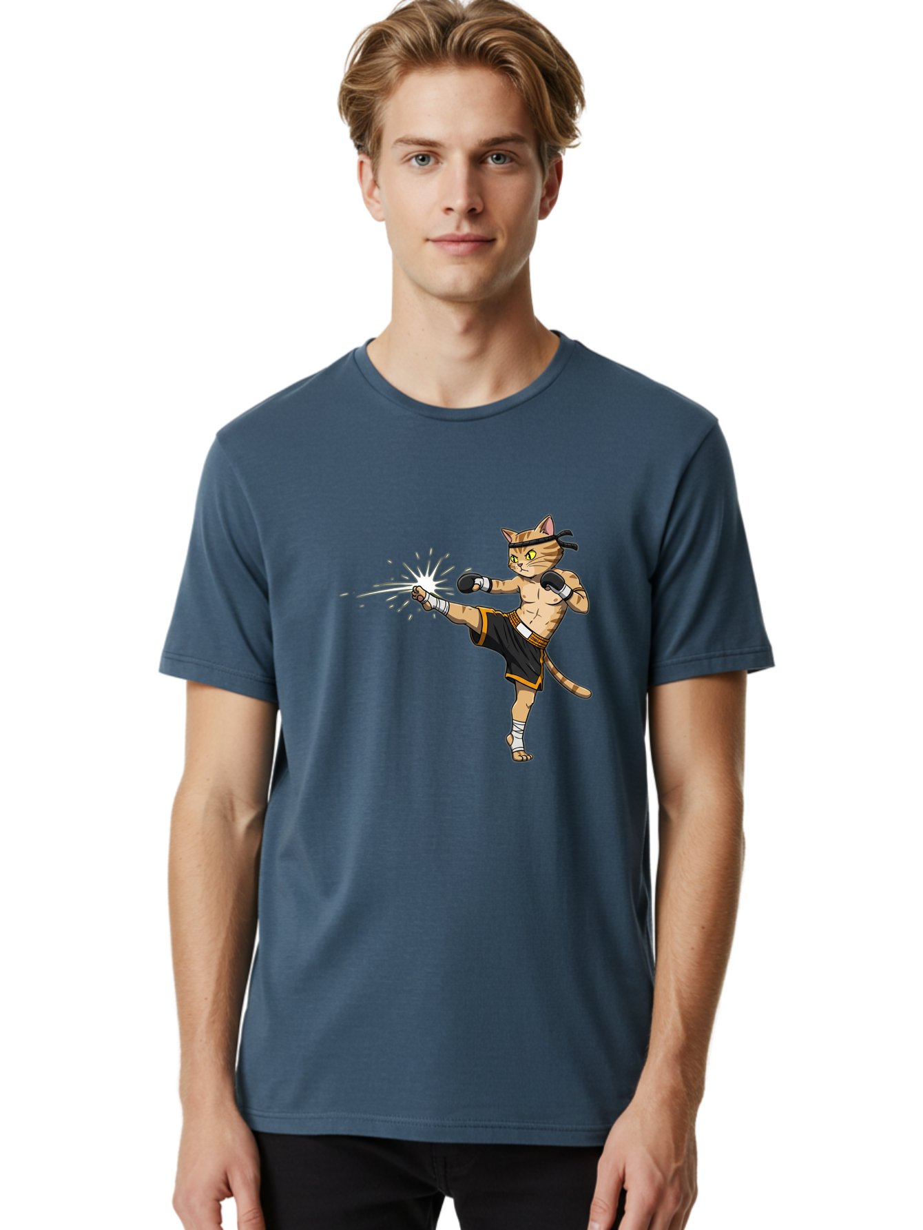 Cat-Kick Men'S Graphic Tee, 100% Cotton, Comfortable Casual Summer Wear, Machine Washable, Cartoon Cat, Muay Thai Fighter, Martial Arts, Kicking, Boxing Gloves, Dynamic Pose, Playful Humor, Animal Athlete, Energetic Motion, Fun Design Bae400 25