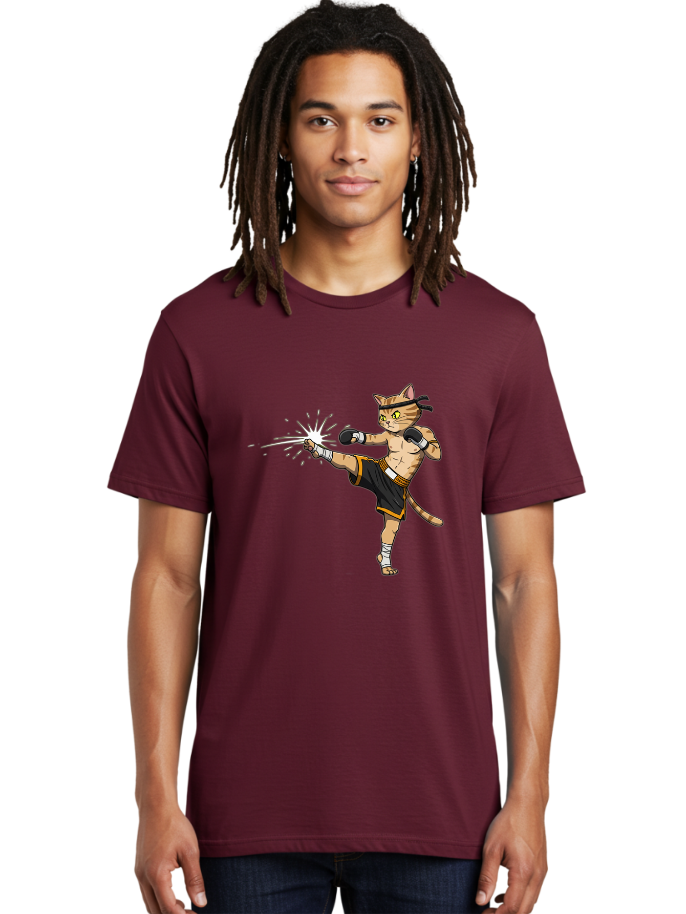 Cat-Kick Men'S Graphic Tee, 100% Cotton, Comfortable Casual Summer Wear, Machine Washable, Cartoon Cat, Muay Thai Fighter, Martial Arts, Kicking, Boxing Gloves, Dynamic Pose, Playful Humor, Animal Athlete, Energetic Motion, Fun Design Bae400 19