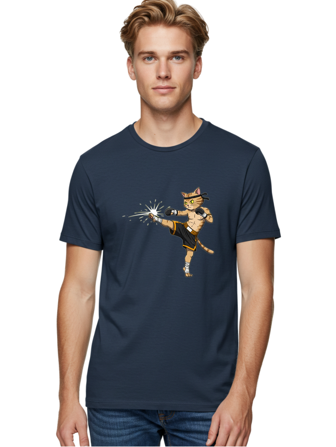 Cat-Kick Men'S Graphic Tee, 100% Cotton, Comfortable Casual Summer Wear, Machine Washable, Cartoon Cat, Muay Thai Fighter, Martial Arts, Kicking, Boxing Gloves, Dynamic Pose, Playful Humor, Animal Athlete, Energetic Motion, Fun Design Bae400 28