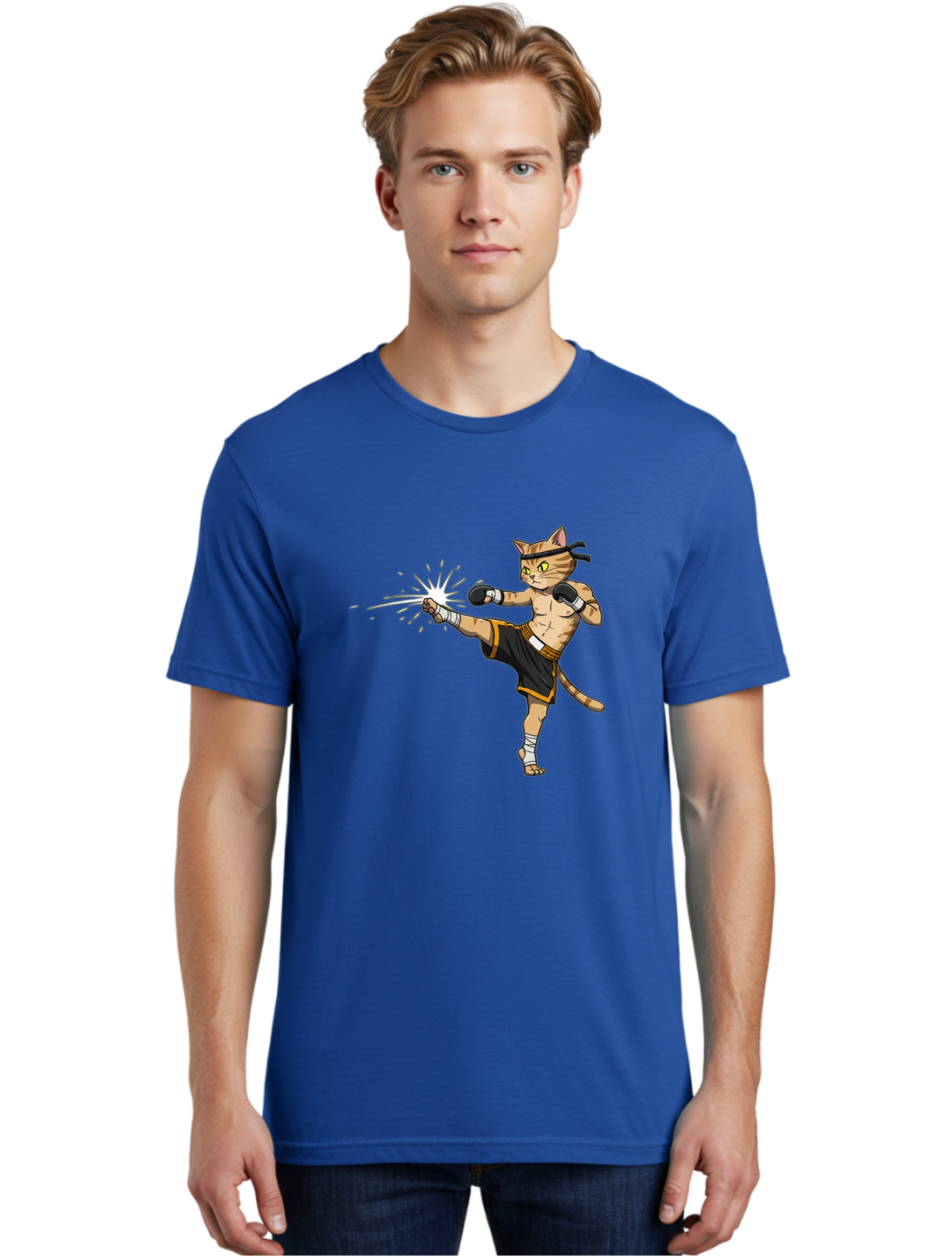 Cat-Kick Men'S Graphic Tee, 100% Cotton, Comfortable Casual Summer Wear, Machine Washable, Cartoon Cat, Muay Thai Fighter, Martial Arts, Kicking, Boxing Gloves, Dynamic Pose, Playful Humor, Animal Athlete, Energetic Motion, Fun Design Bae400 24