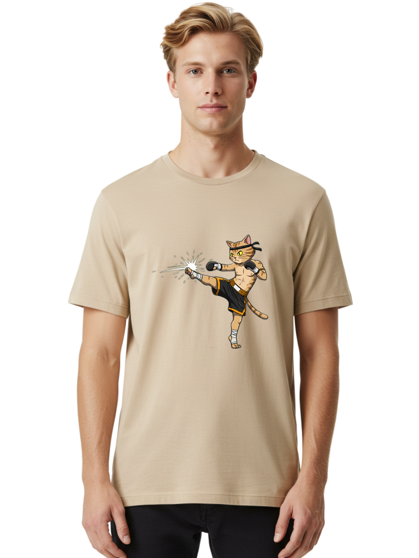 Cat-Kick Men'S Graphic Tee, 100% Cotton, Comfortable Casual Summer Wear, Machine Washable, Cartoon Cat, Muay Thai Fighter, Martial Arts, Kicking, Boxing Gloves, Dynamic Pose, Playful Humor, Animal Athlete, Energetic Motion, Fun Design Bae400 29