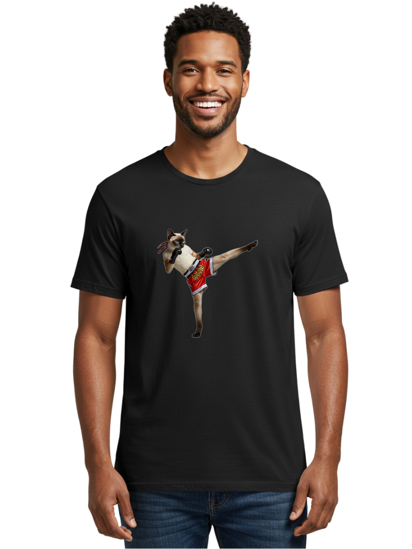 Cat-Kickboxing Men'S Graphic Tee, 100% Cotton, Comfortable Casual Summer Wear, Machine Washable, Siamese Cat Kickboxing, Anthropomorphic Cat, Boxing Gloves, Red Shorts, Martial Arts, Fighting Stance, Funny Animals, Cat Humor, Feline Antics, Bae402 18