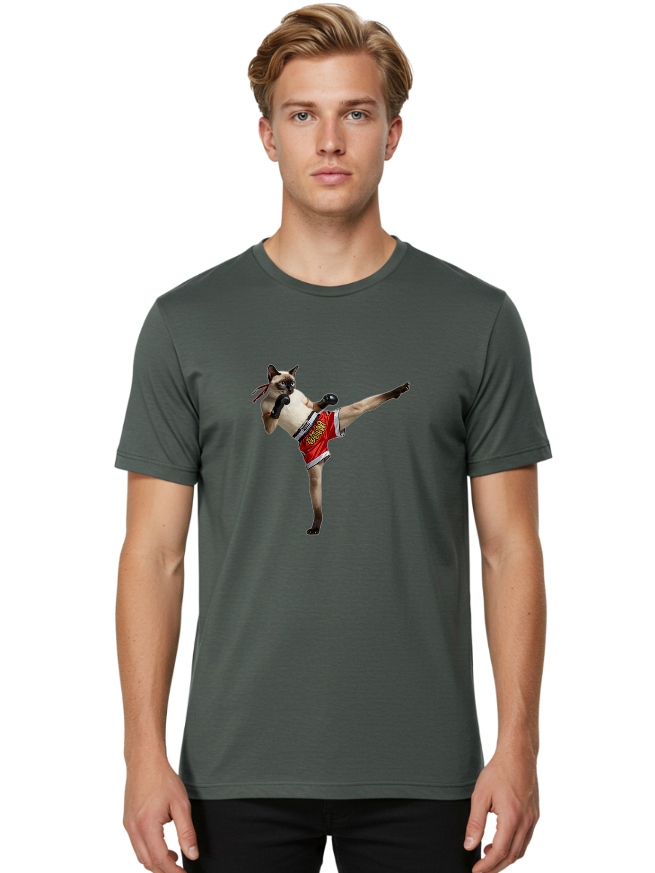 Cat-Kickboxing Men'S Graphic Tee, 100% Cotton, Comfortable Casual Summer Wear, Machine Washable, Siamese Cat Kickboxing, Anthropomorphic Cat, Boxing Gloves, Red Shorts, Martial Arts, Fighting Stance, Funny Animals, Cat Humor, Feline Antics, Bae402 29