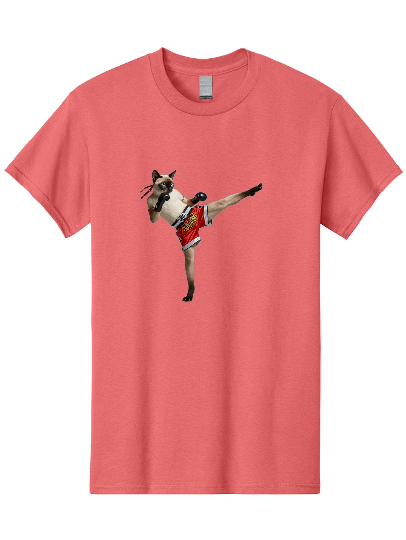 Cat-Kickboxing Men'S Graphic Tee, 100% Cotton, Comfortable Casual Summer Wear, Machine Washable, Siamese Cat Kickboxing, Anthropomorphic Cat, Boxing Gloves, Red Shorts, Martial Arts, Fighting Stance, Funny Animals, Cat Humor, Feline Antics, Bae402 8