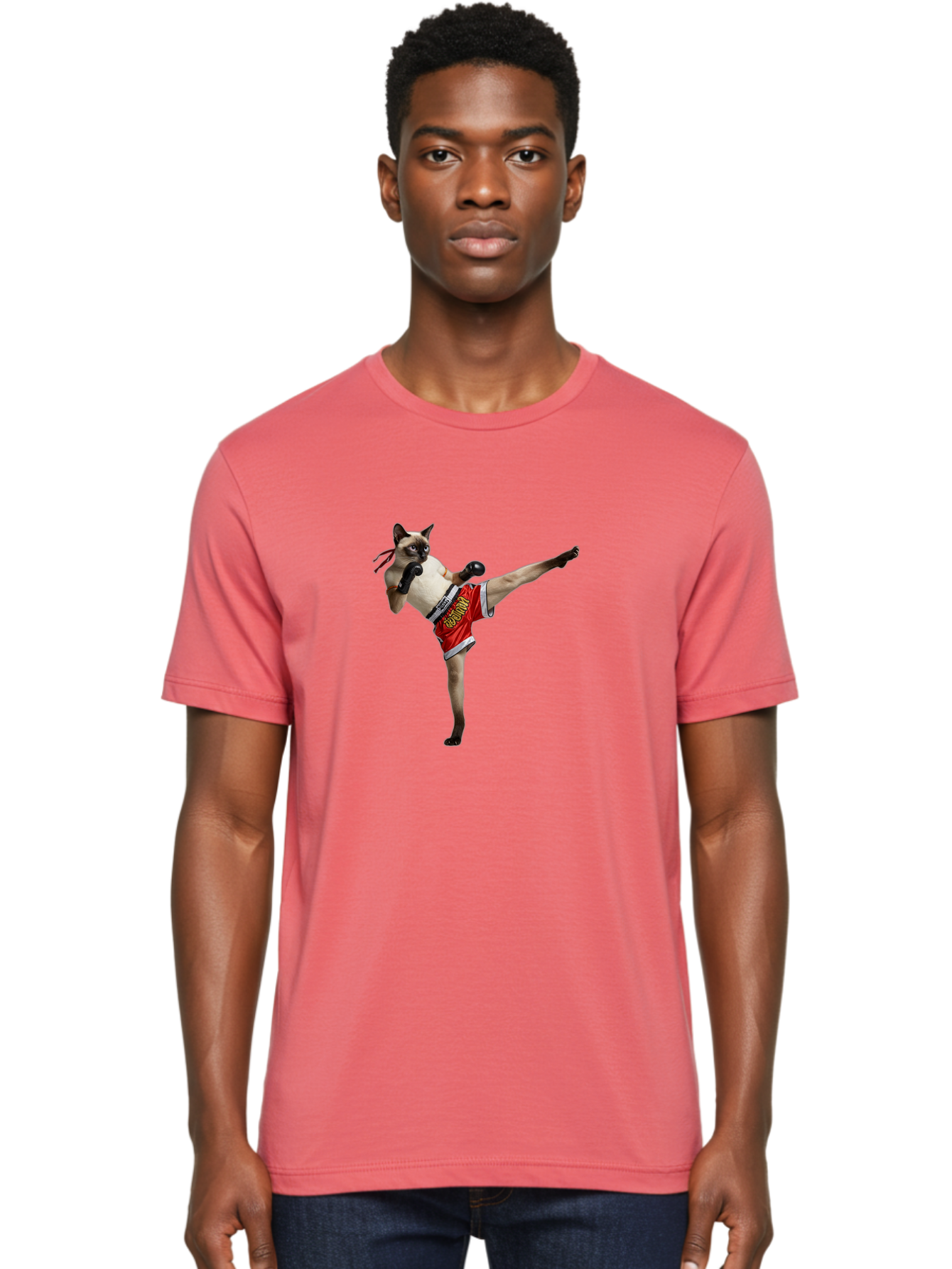 Cat-Kickboxing Men'S Graphic Tee, 100% Cotton, Comfortable Casual Summer Wear, Machine Washable, Siamese Cat Kickboxing, Anthropomorphic Cat, Boxing Gloves, Red Shorts, Martial Arts, Fighting Stance, Funny Animals, Cat Humor, Feline Antics, Bae402 23