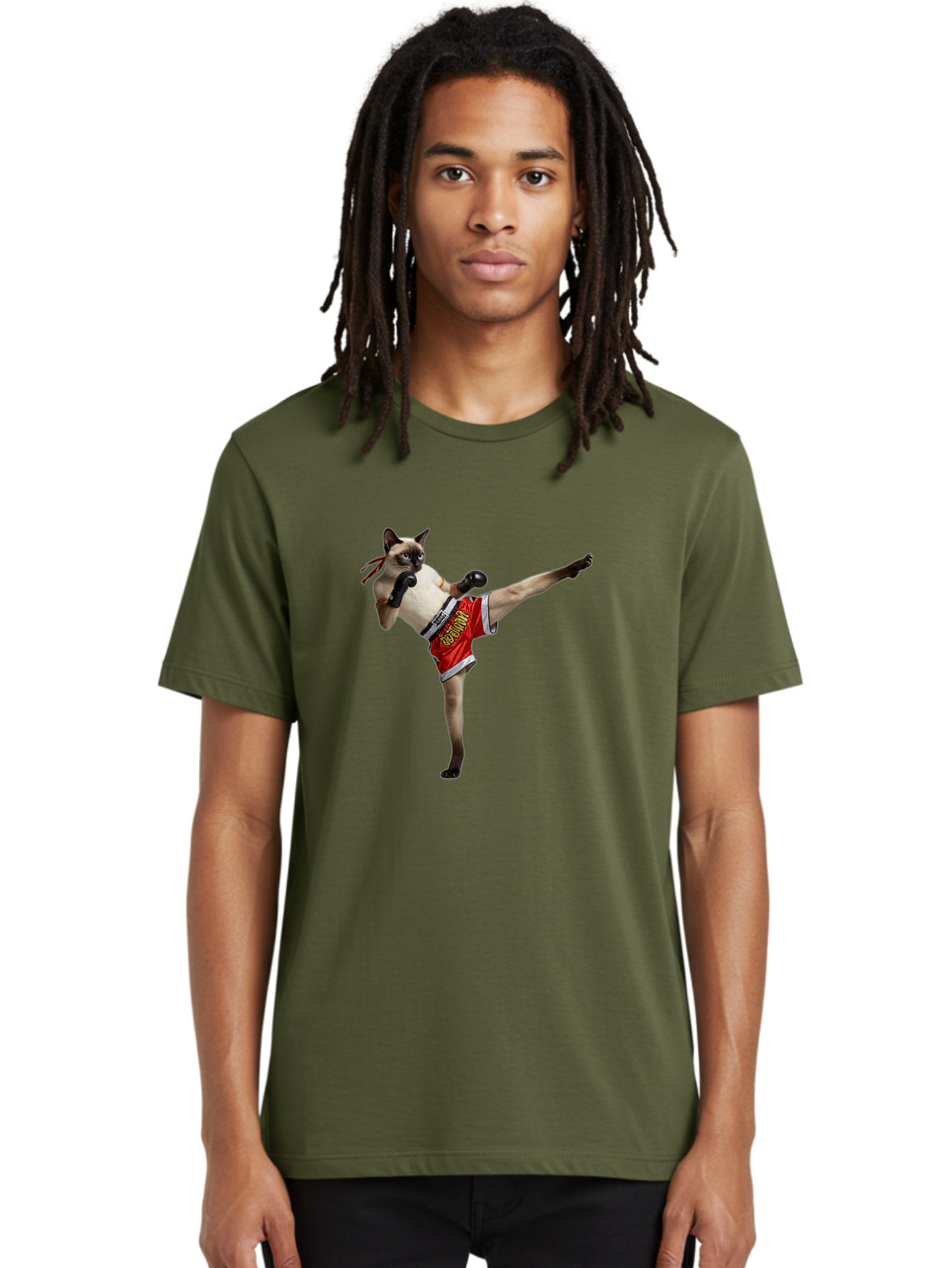 Cat-Kickboxing Men'S Graphic Tee, 100% Cotton, Comfortable Casual Summer Wear, Machine Washable, Siamese Cat Kickboxing, Anthropomorphic Cat, Boxing Gloves, Red Shorts, Martial Arts, Fighting Stance, Funny Animals, Cat Humor, Feline Antics, Bae402 25
