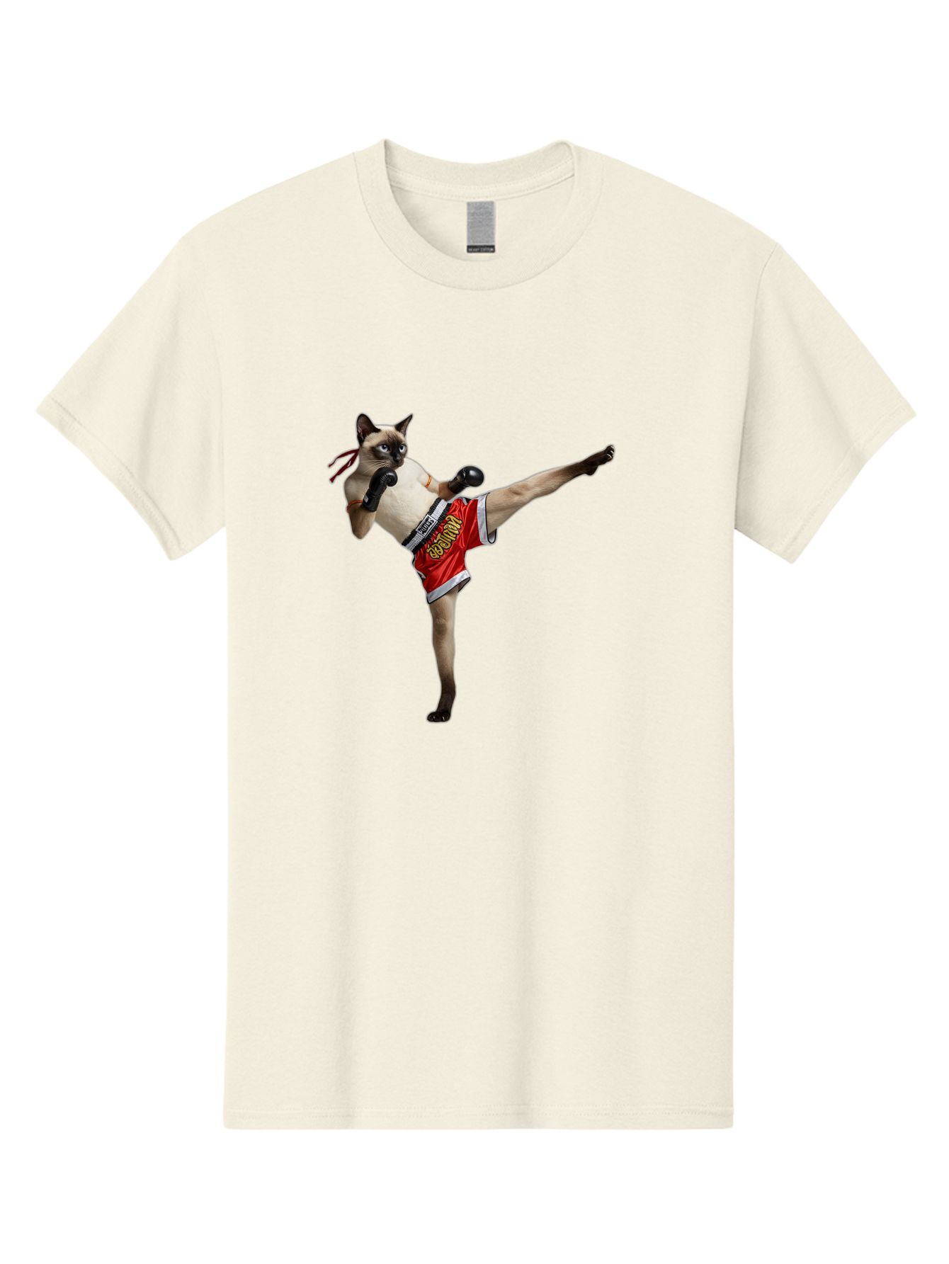 Cat-Kickboxing Men'S Graphic Tee, 100% Cotton, Comfortable Casual Summer Wear, Machine Washable, Siamese Cat Kickboxing, Anthropomorphic Cat, Boxing Gloves, Red Shorts, Martial Arts, Fighting Stance, Funny Animals, Cat Humor, Feline Antics, Bae402 11