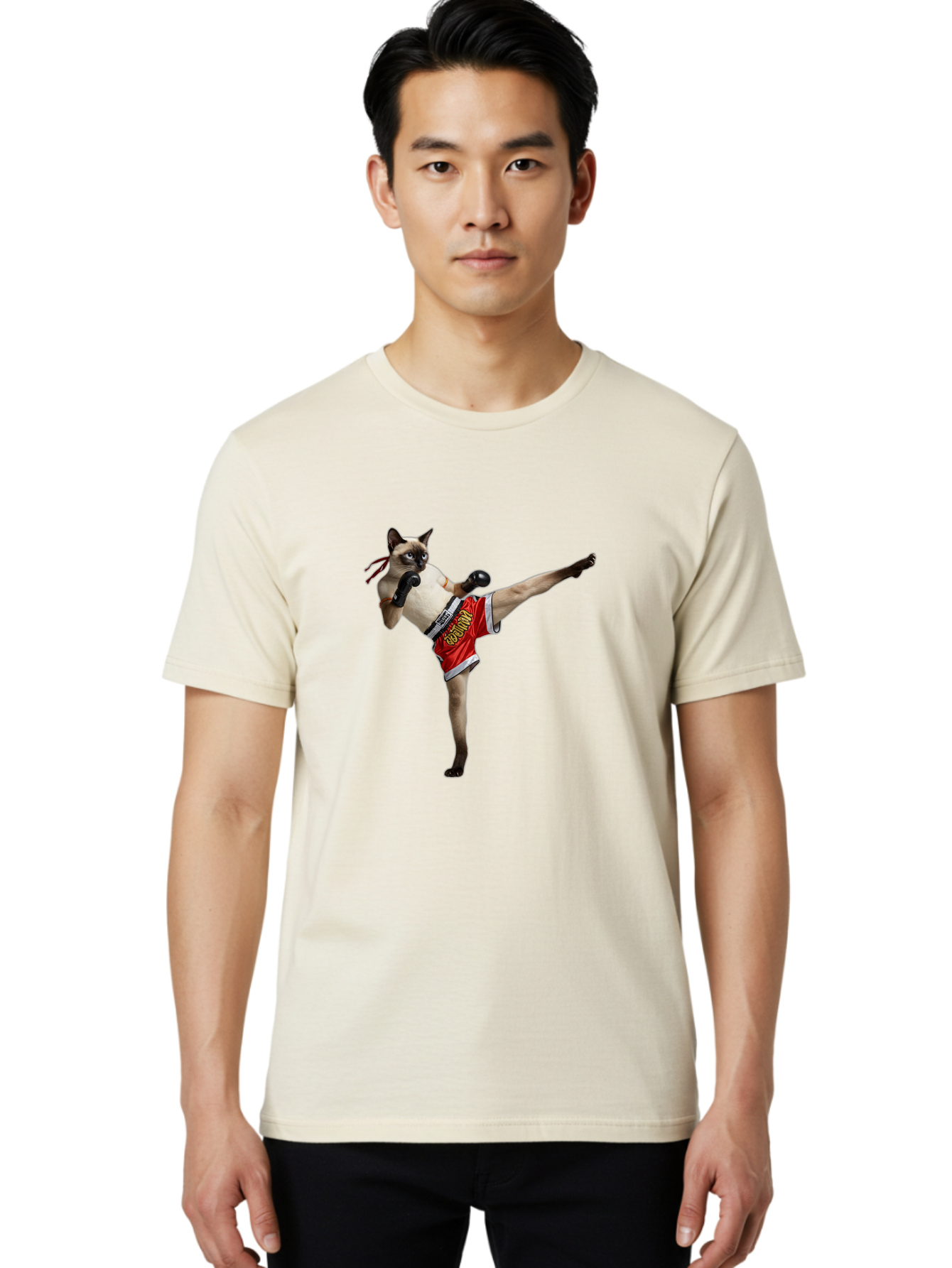 Cat-Kickboxing Men'S Graphic Tee, 100% Cotton, Comfortable Casual Summer Wear, Machine Washable, Siamese Cat Kickboxing, Anthropomorphic Cat, Boxing Gloves, Red Shorts, Martial Arts, Fighting Stance, Funny Animals, Cat Humor, Feline Antics, Bae402 26