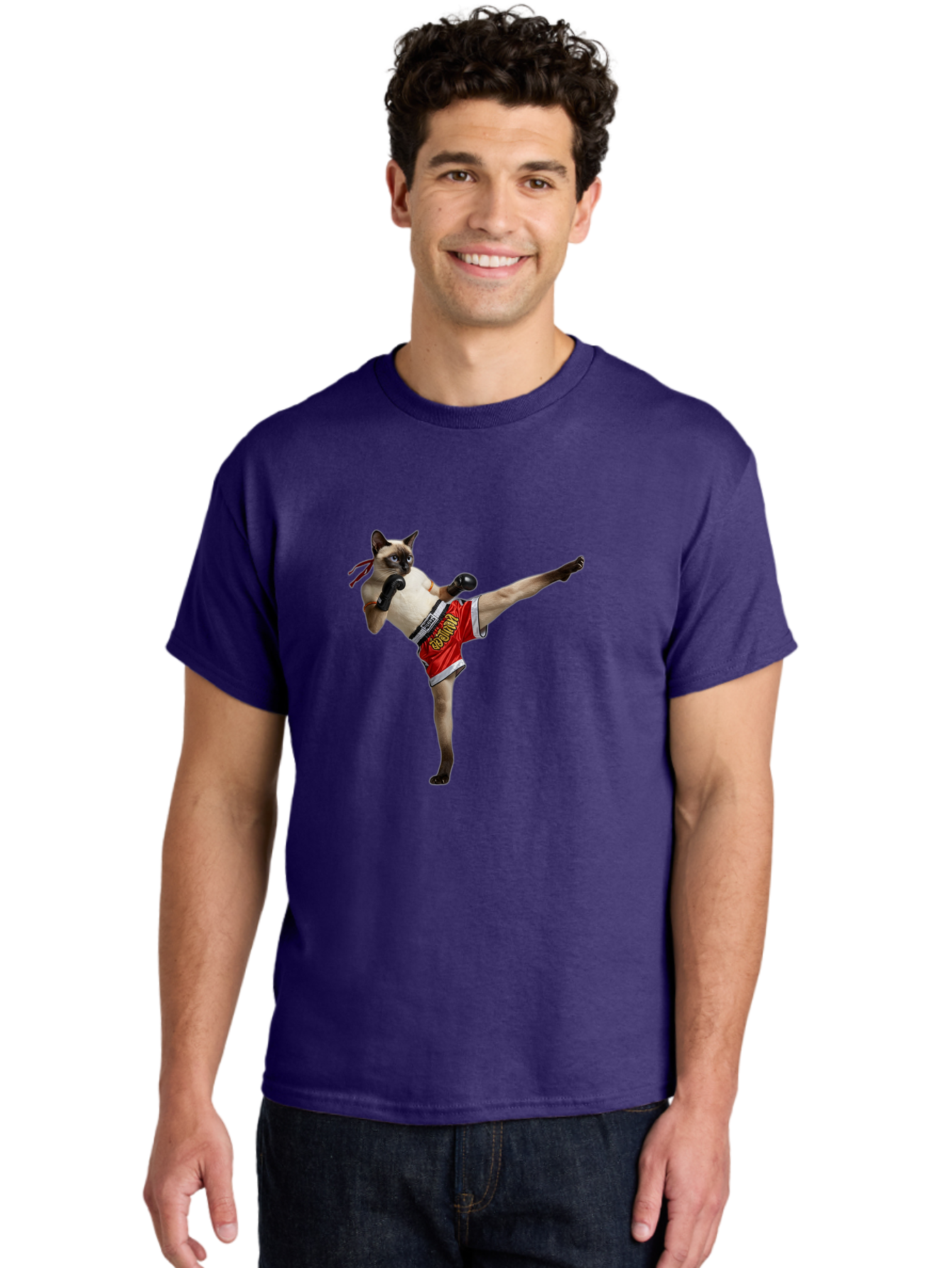 Cat-Kickboxing Men'S Graphic Tee, 100% Cotton, Comfortable Casual Summer Wear, Machine Washable, Siamese Cat Kickboxing, Anthropomorphic Cat, Boxing Gloves, Red Shorts, Martial Arts, Fighting Stance, Funny Animals, Cat Humor, Feline Antics, Bae402 20