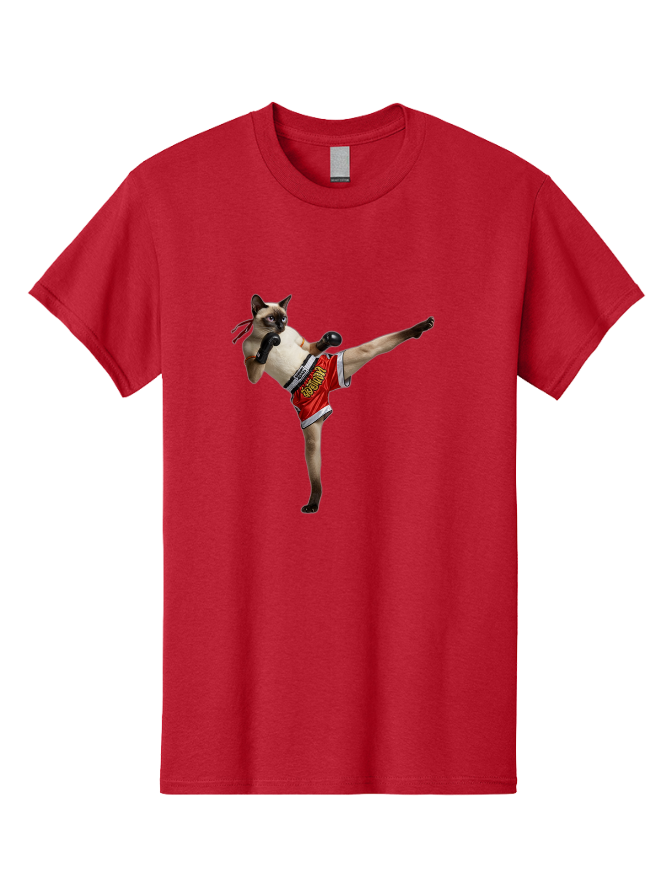 Cat-Kickboxing Men'S Graphic Tee, 100% Cotton, Comfortable Casual Summer Wear, Machine Washable, Siamese Cat Kickboxing, Anthropomorphic Cat, Boxing Gloves, Red Shorts, Martial Arts, Fighting Stance, Funny Animals, Cat Humor, Feline Antics, Bae402 1