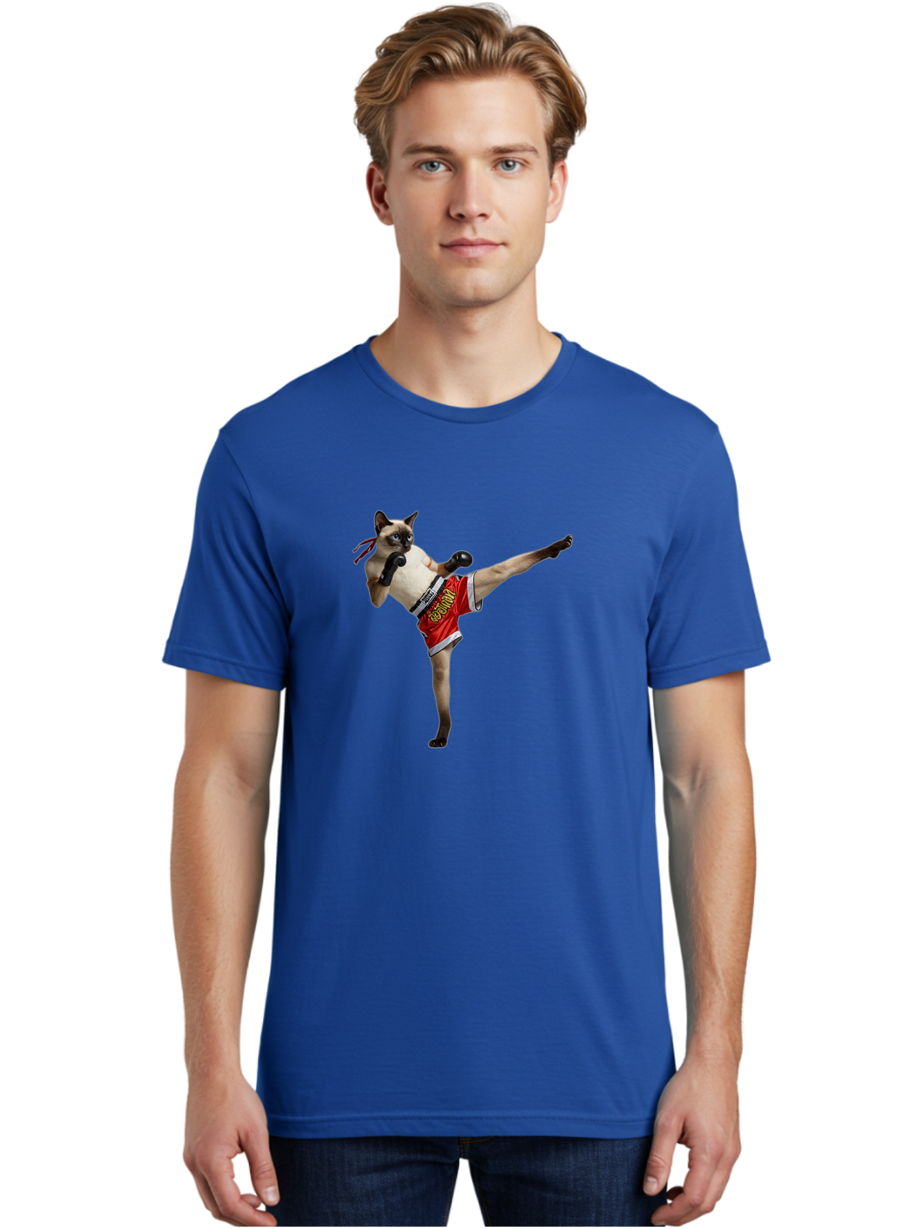 Cat-Kickboxing Men'S Graphic Tee, 100% Cotton, Comfortable Casual Summer Wear, Machine Washable, Siamese Cat Kickboxing, Anthropomorphic Cat, Boxing Gloves, Red Shorts, Martial Arts, Fighting Stance, Funny Animals, Cat Humor, Feline Antics, Bae402 28