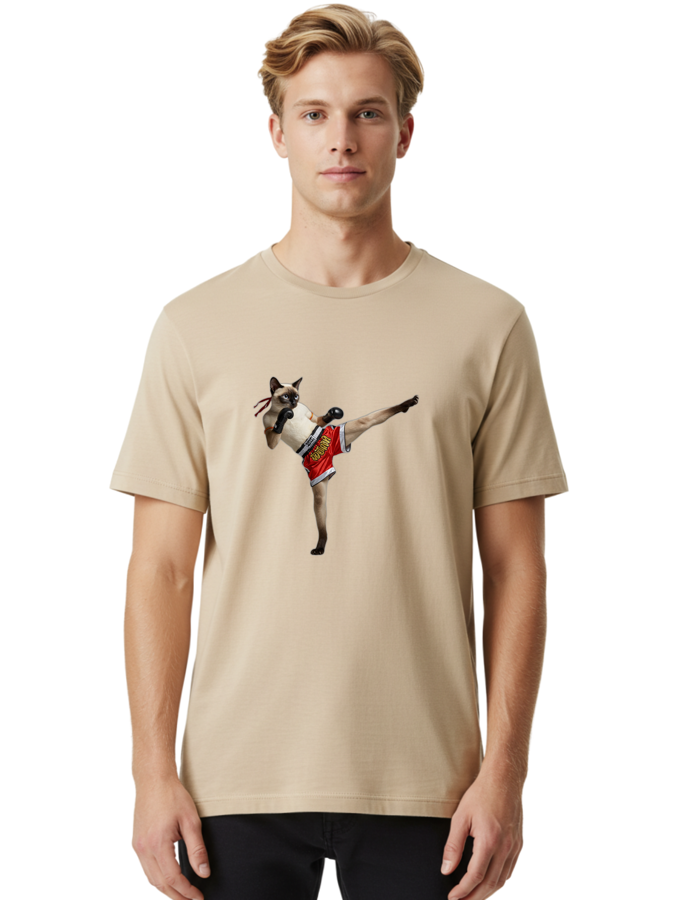 Cat-Kickboxing Men'S Graphic Tee, 100% Cotton, Comfortable Casual Summer Wear, Machine Washable, Siamese Cat Kickboxing, Anthropomorphic Cat, Boxing Gloves, Red Shorts, Martial Arts, Fighting Stance, Funny Animals, Cat Humor, Feline Antics, Bae402 22