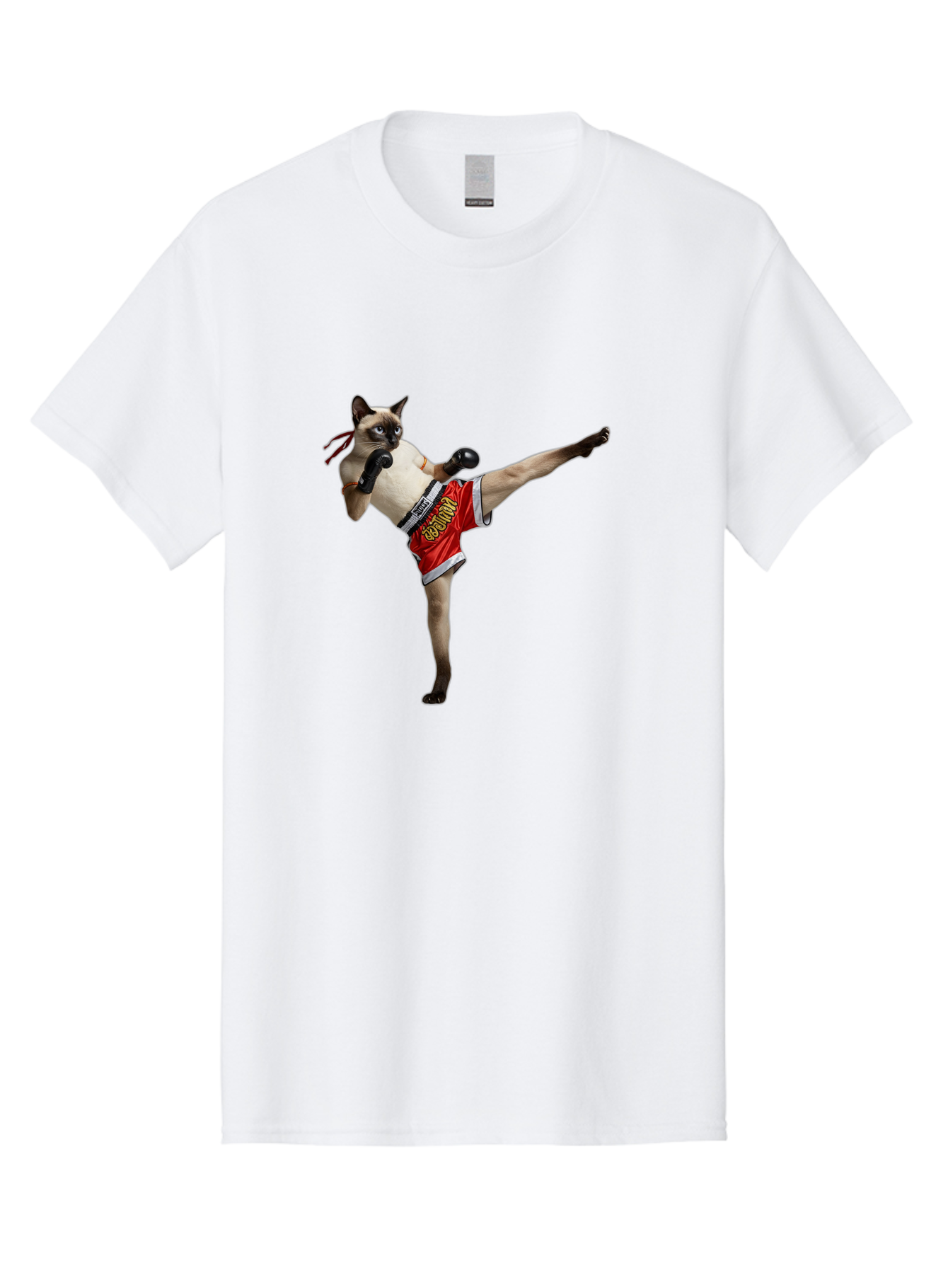 Cat-Kickboxing Men'S Graphic Tee, 100% Cotton, Comfortable Casual Summer Wear, Machine Washable, Siamese Cat Kickboxing, Anthropomorphic Cat, Boxing Gloves, Red Shorts, Martial Arts, Fighting Stance, Funny Animals, Cat Humor, Feline Antics, Bae402 2