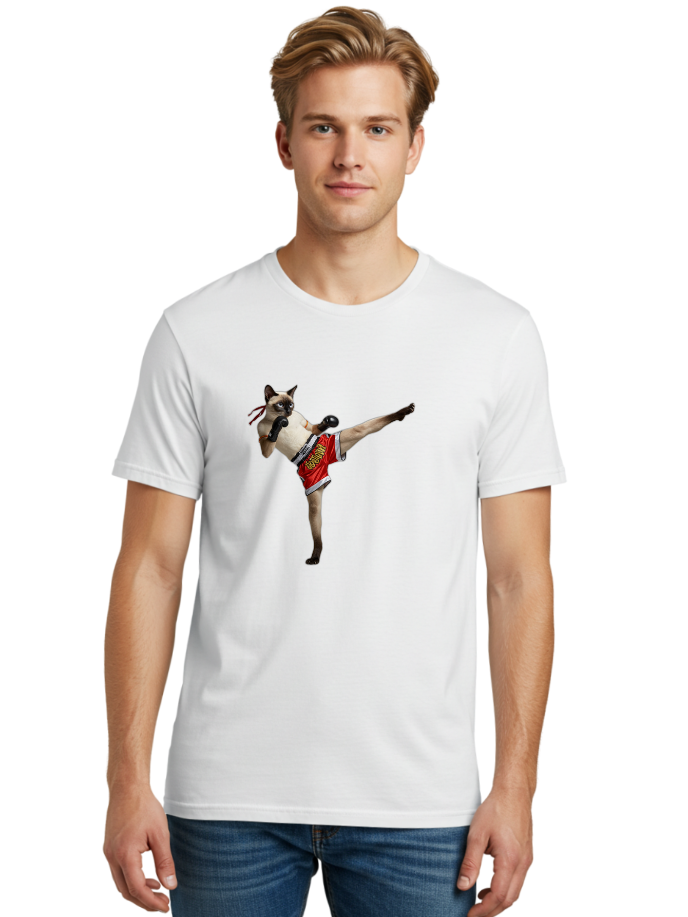 Cat-Kickboxing Men'S Graphic Tee, 100% Cotton, Comfortable Casual Summer Wear, Machine Washable, Siamese Cat Kickboxing, Anthropomorphic Cat, Boxing Gloves, Red Shorts, Martial Arts, Fighting Stance, Funny Animals, Cat Humor, Feline Antics, Bae402 17