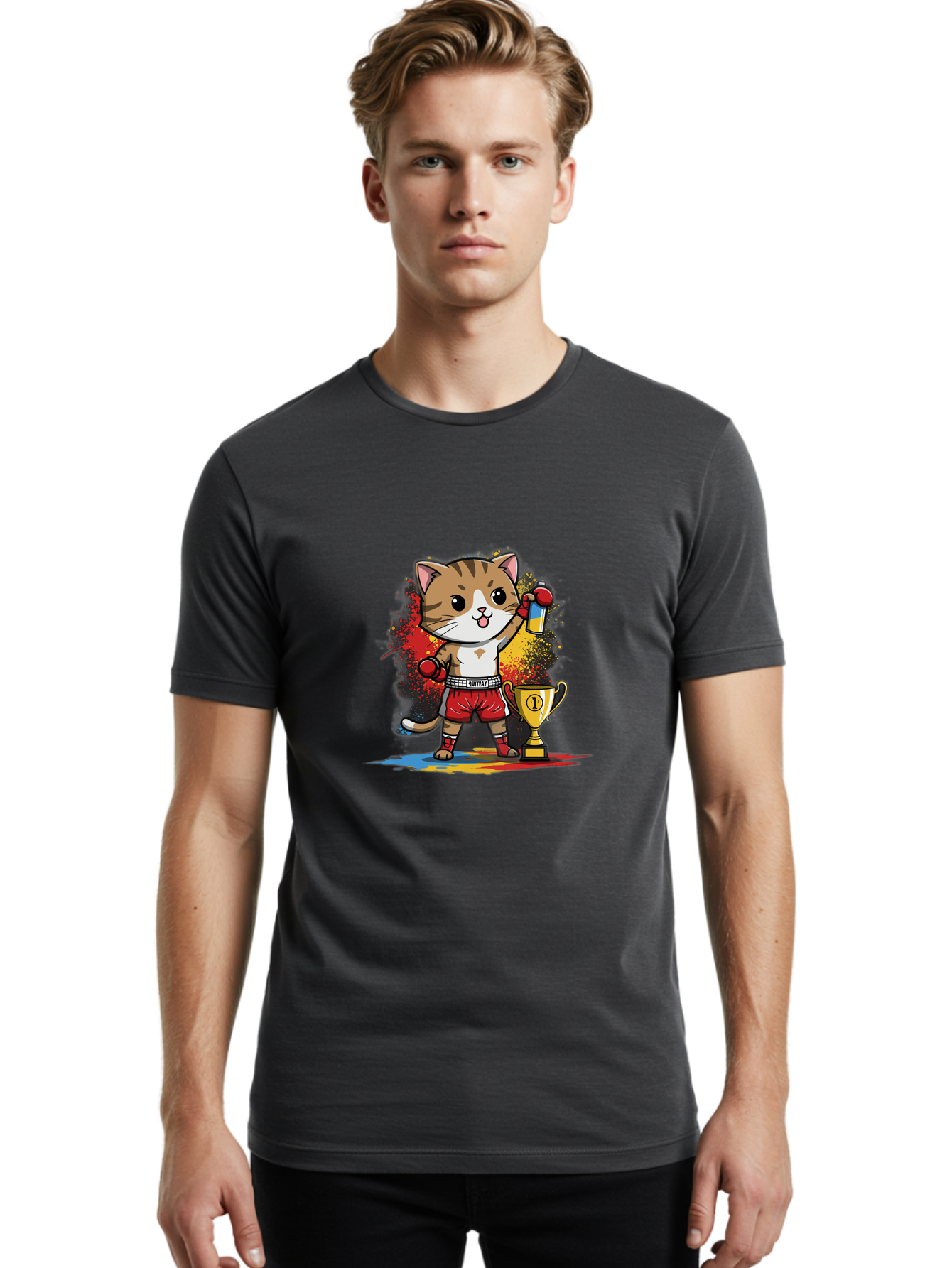 Cat-With-Trophy Men'S Graphic Tee, 100% Cotton, Comfortable Casual Summer Wear, Machine Washable, Cartoon Cat Boxer, Championship Trophy, Boxing Gloves, Champion Title, Victorious Pose, Confident Cat, Boxing Champion, Winner Cat Bae404 21